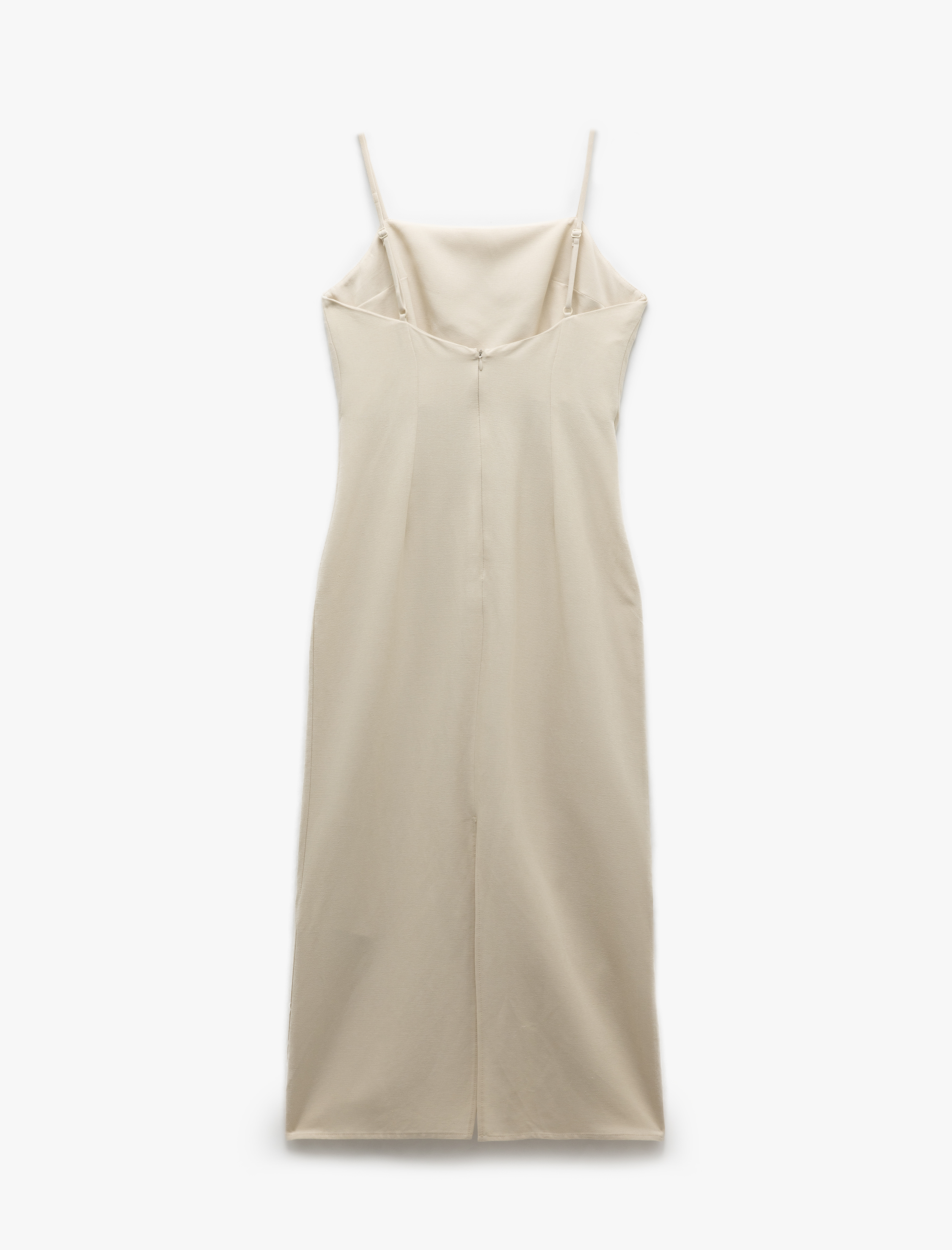   Viskon - Keten Karışımlı Slim Fit İnce Askılı Midi Boy Elbise