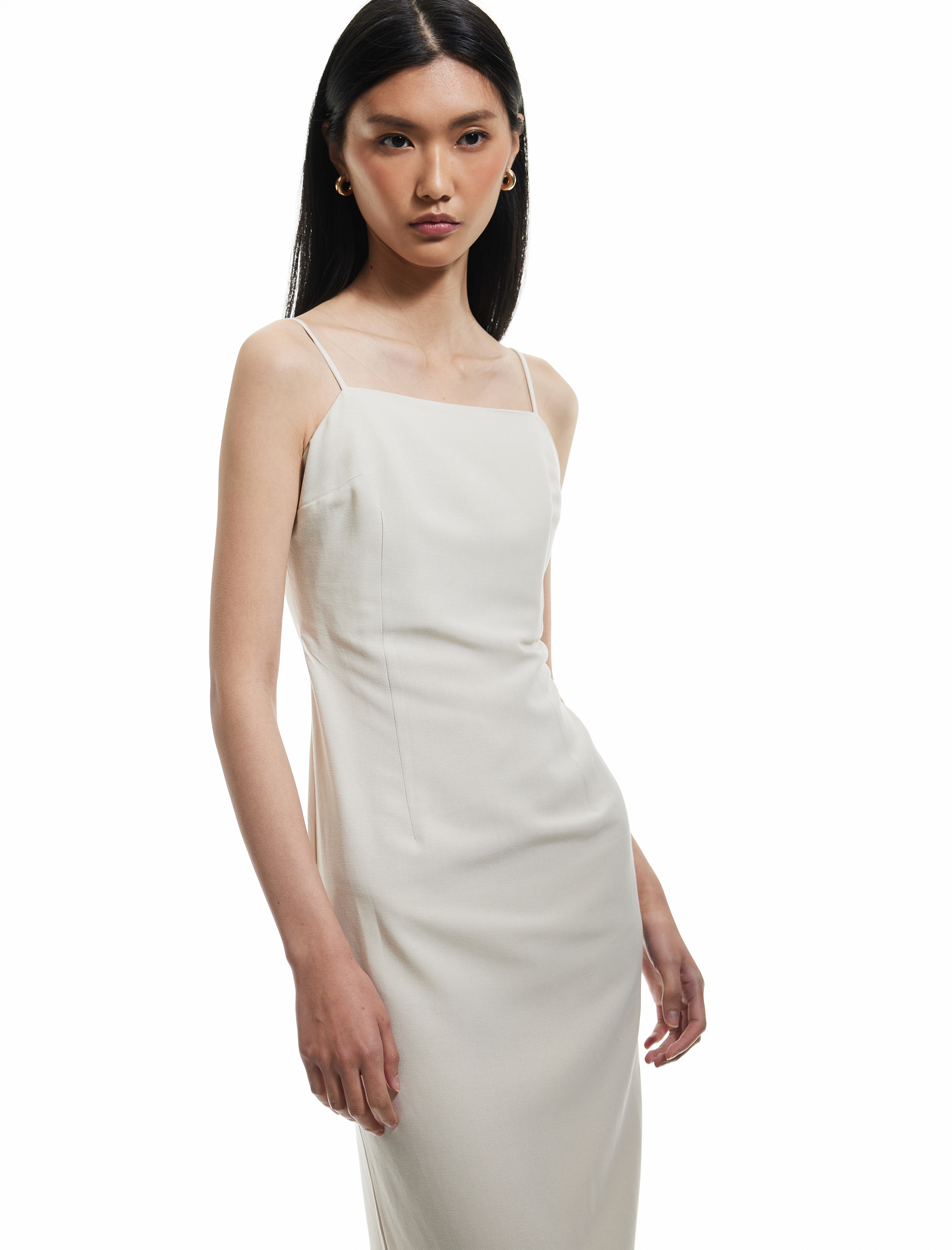   Viskon - Keten Karışımlı Slim Fit İnce Askılı Midi Boy Elbise