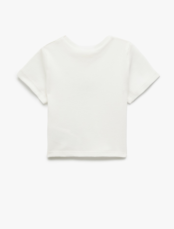 Kız Çocuk Bisiklet Yaka Kısa Kollu Kedi Baskılı Pamuklu Tişört