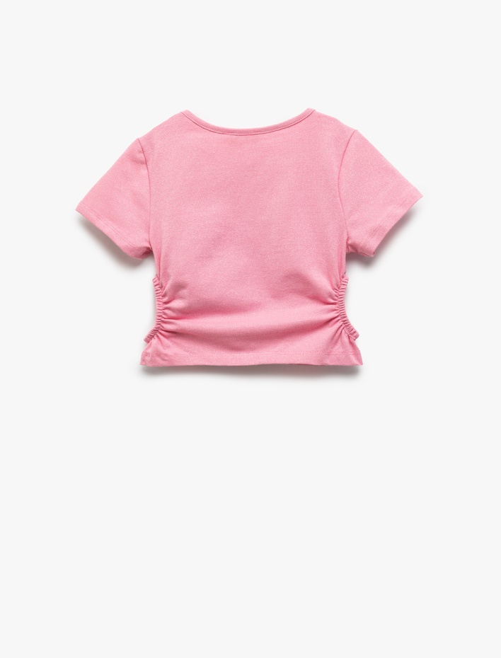 Kız Çocuk Pencere Detaylı Bisiklet Yaka Kısa Kollu Pamuklu Crop Bluz