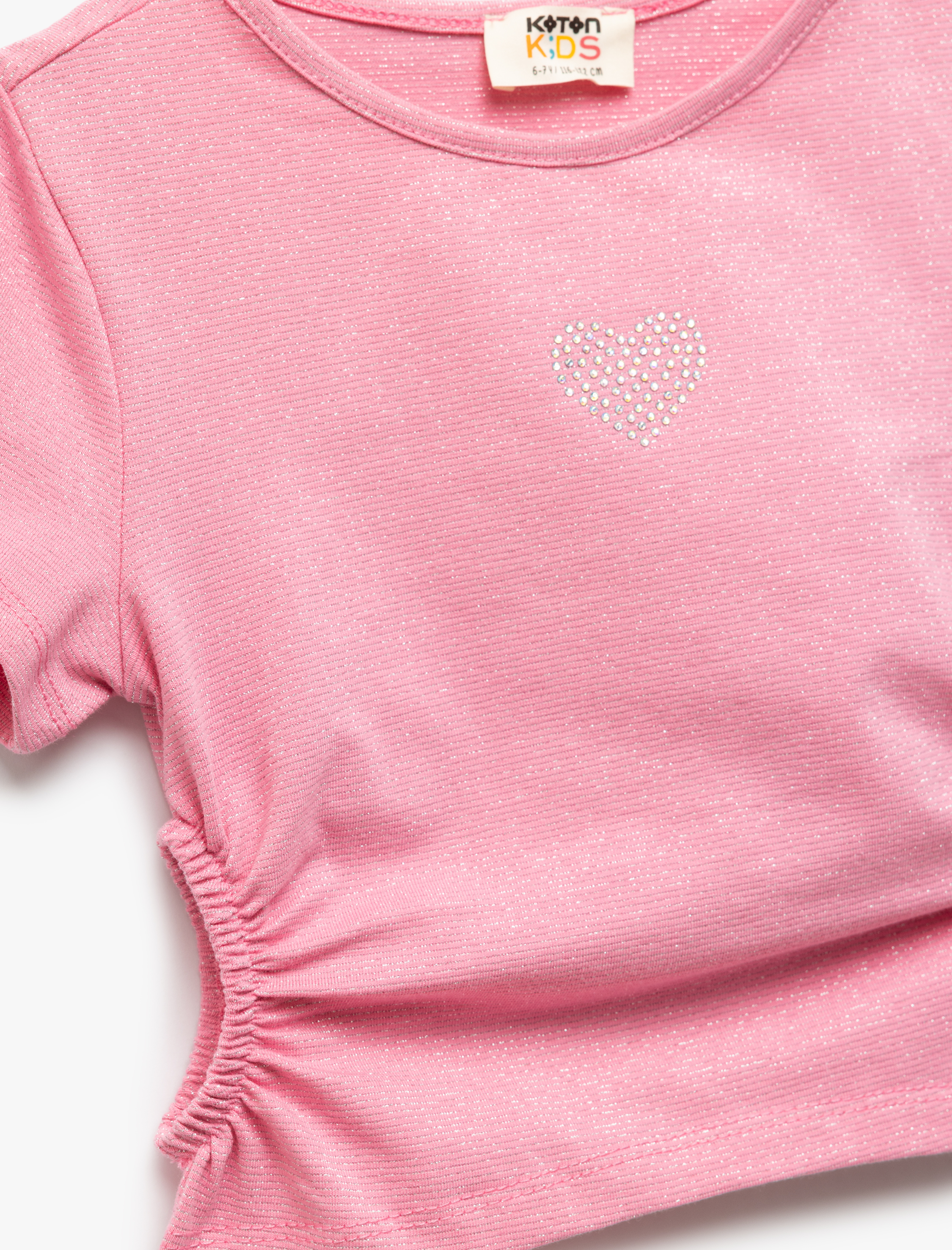  Kız Çocuk Pencere Detaylı Bisiklet Yaka Kısa Kollu Pamuklu Crop Bluz