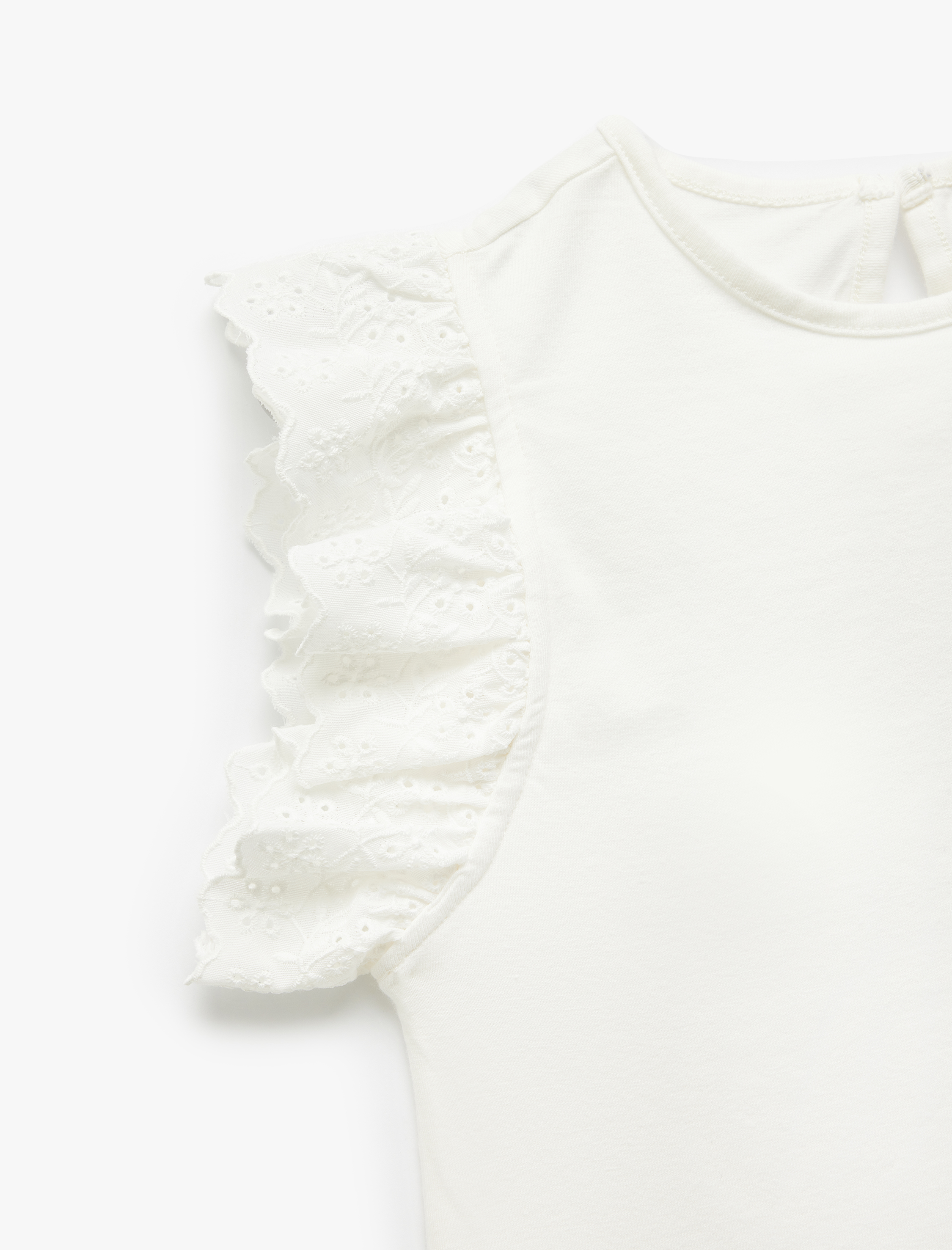 Kız Çocuk Pamuklu Brodeli Fırfırlı Kısa Kollu Bisiklet Yaka Tişört