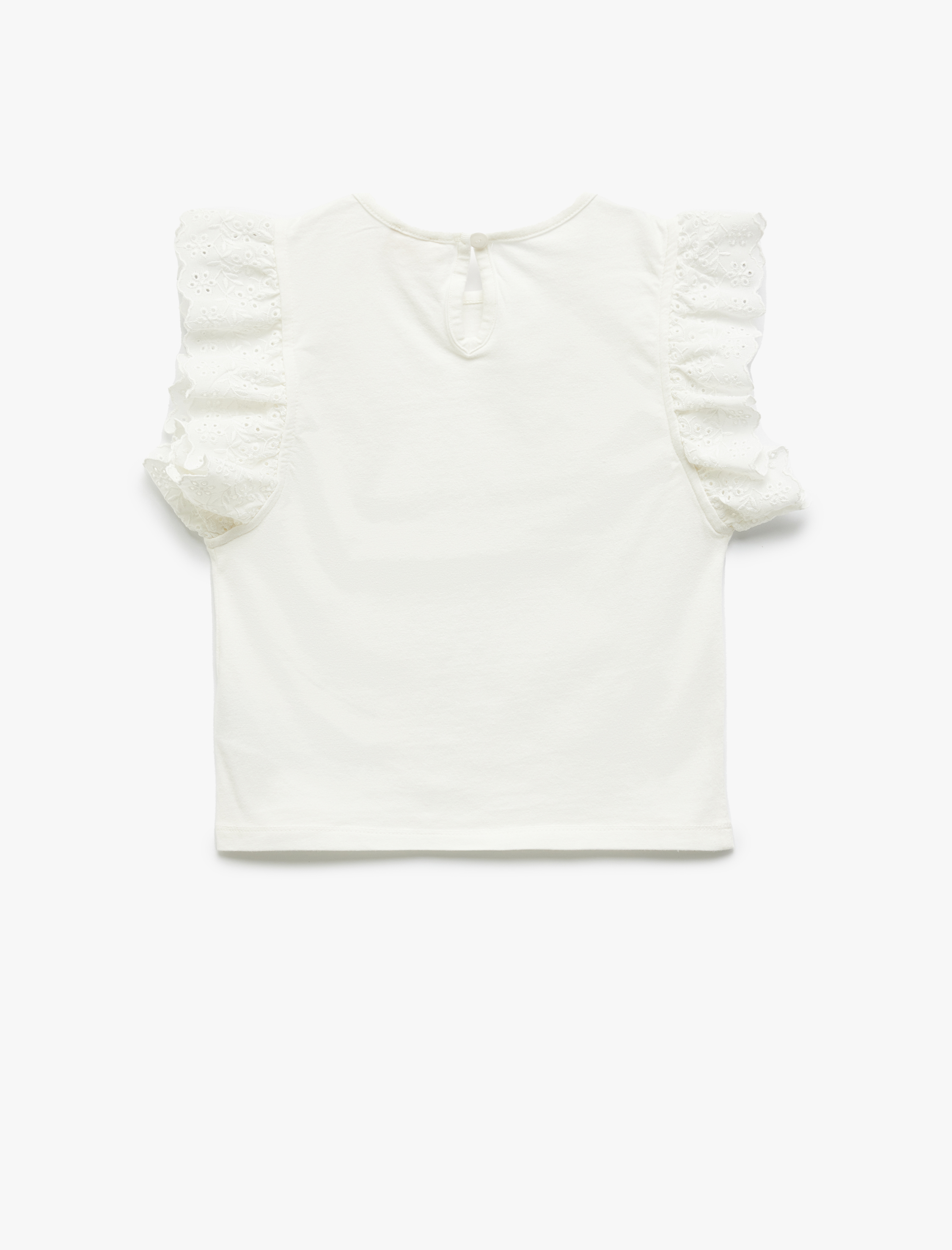 Kız Çocuk Pamuklu Brodeli Fırfırlı Kısa Kollu Bisiklet Yaka Tişört