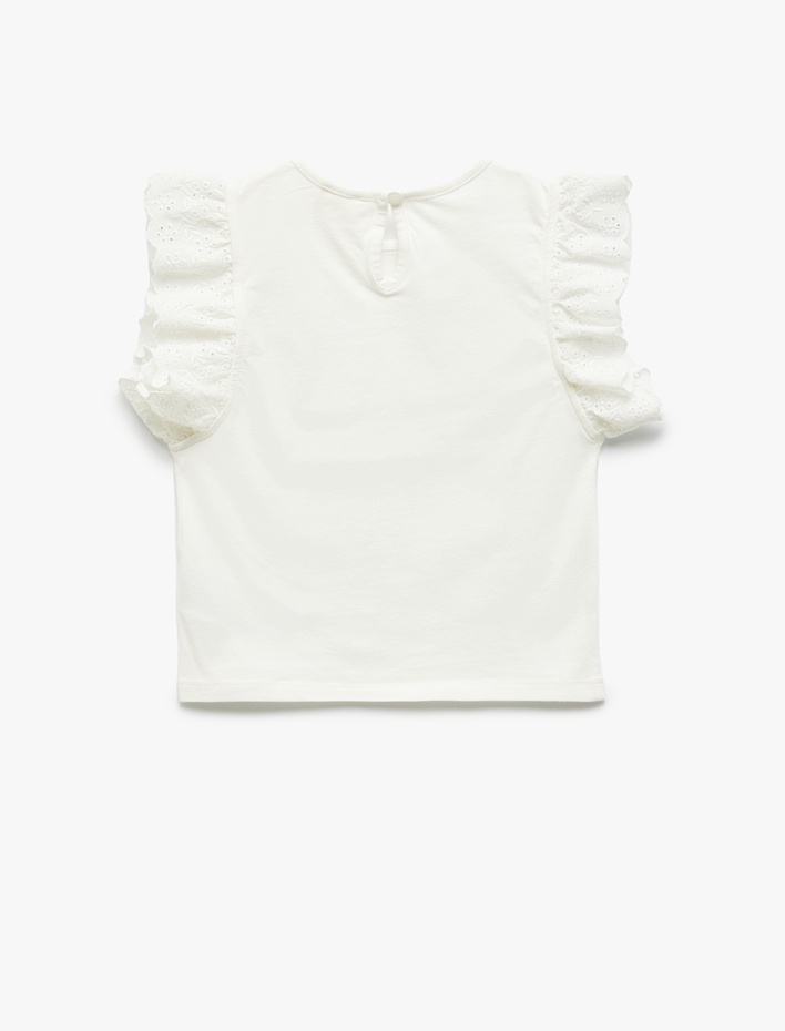 Kız Çocuk Pamuklu Brodeli Fırfırlı Kısa Kollu Bisiklet Yaka Tişört