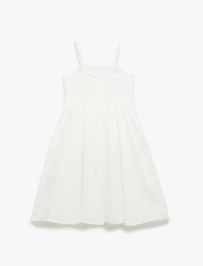 Kız Çocuk Pamuklu Brode Detaylı Pileli Askılı Elbise