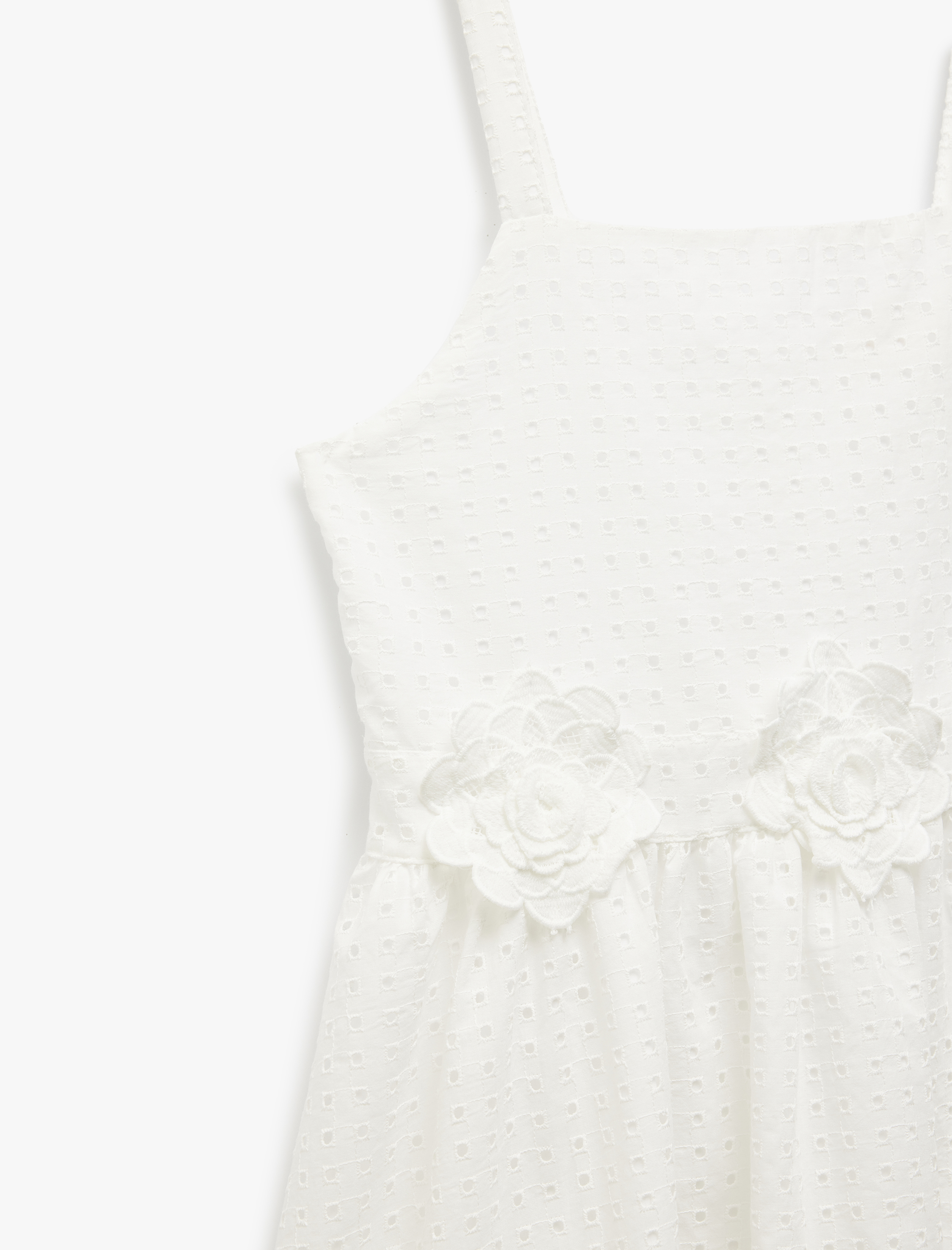  Kız Çocuk Pamuklu Brode Detaylı Pileli Askılı Elbise