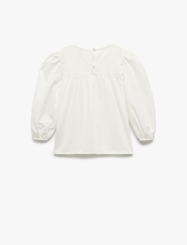 Kız Bebek Pamuklu Kurdele Detaylı Uzun Kollu Bisiklet Yaka Balon Kollu Bluz