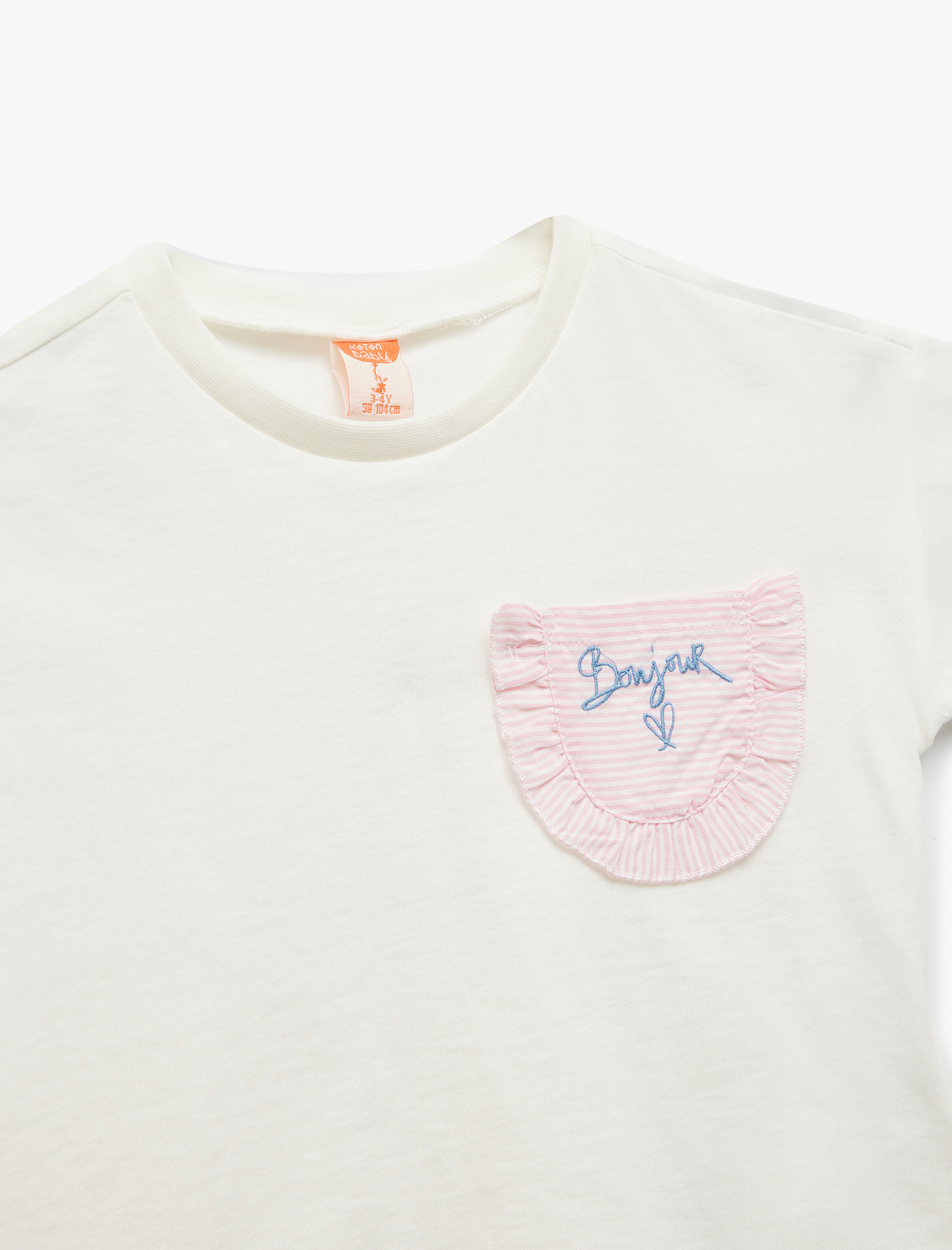  Kız Bebek Cep Detaylı Kısa Kollu Bisiklet Yaka Pamuklu Tişört