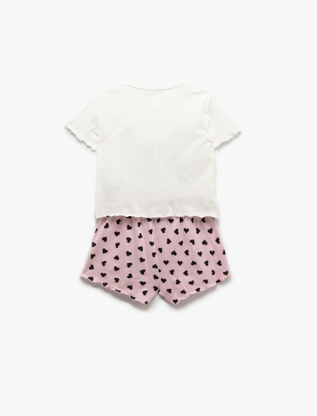 Pamuklu Kısa Kollu Kedi Temalı Kalp Baskılı Şort Pijama Takımı_3