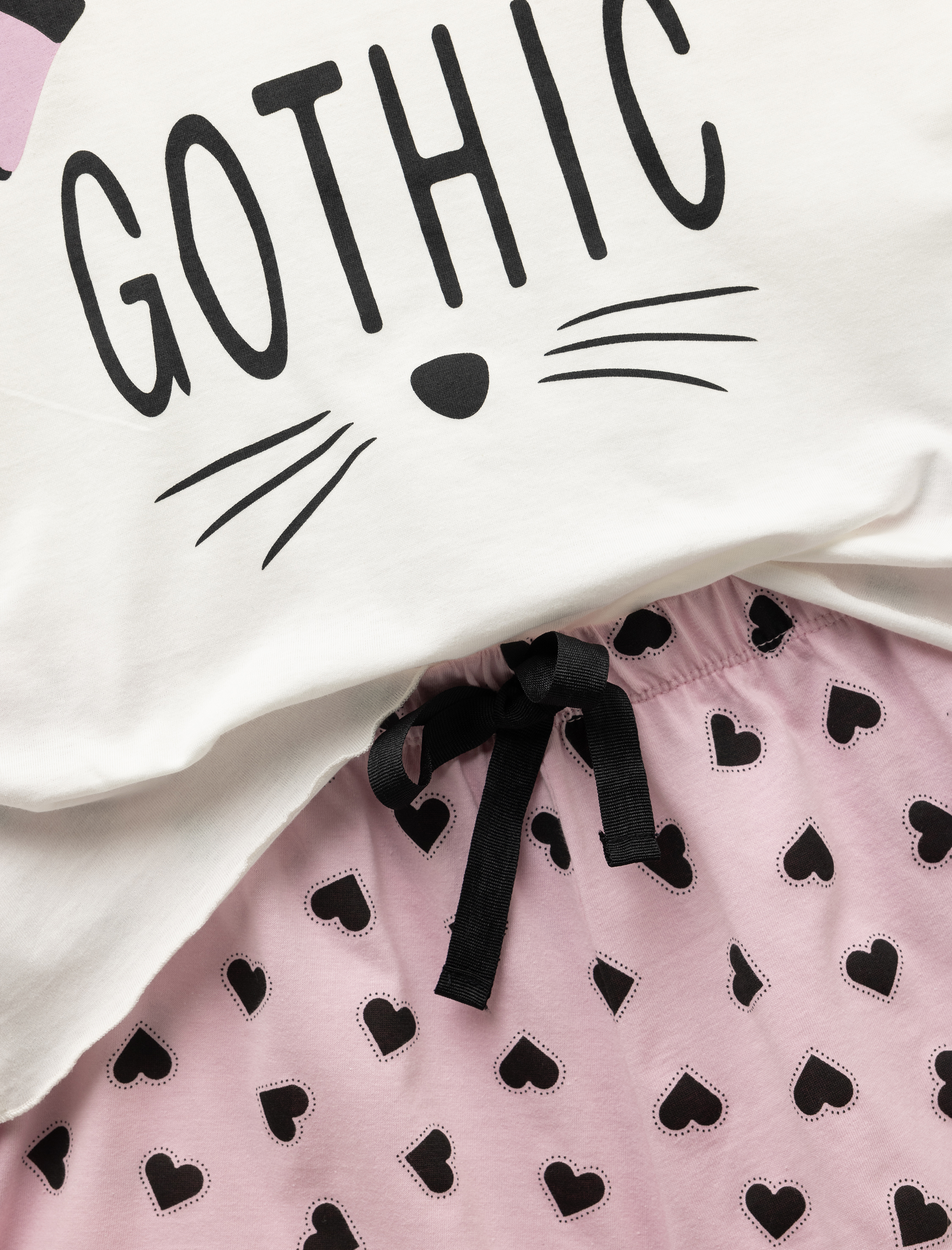   Pamuklu Kısa Kollu Kedi Temalı Kalp Baskılı Şort Pijama Takımı