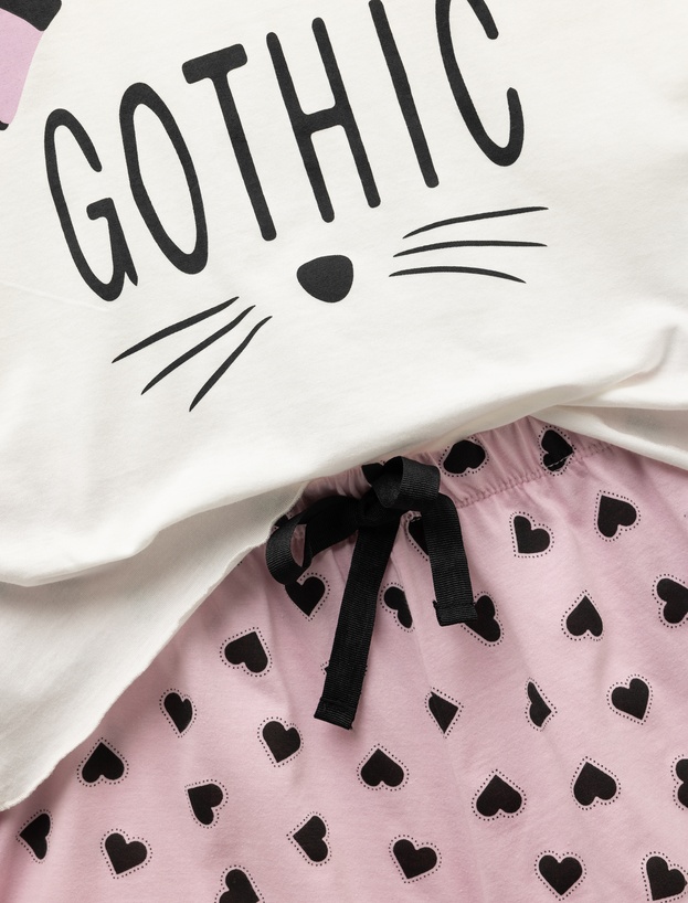 Pamuklu Kısa Kollu Kedi Temalı Kalp Baskılı Şort Pijama Takımı_4
