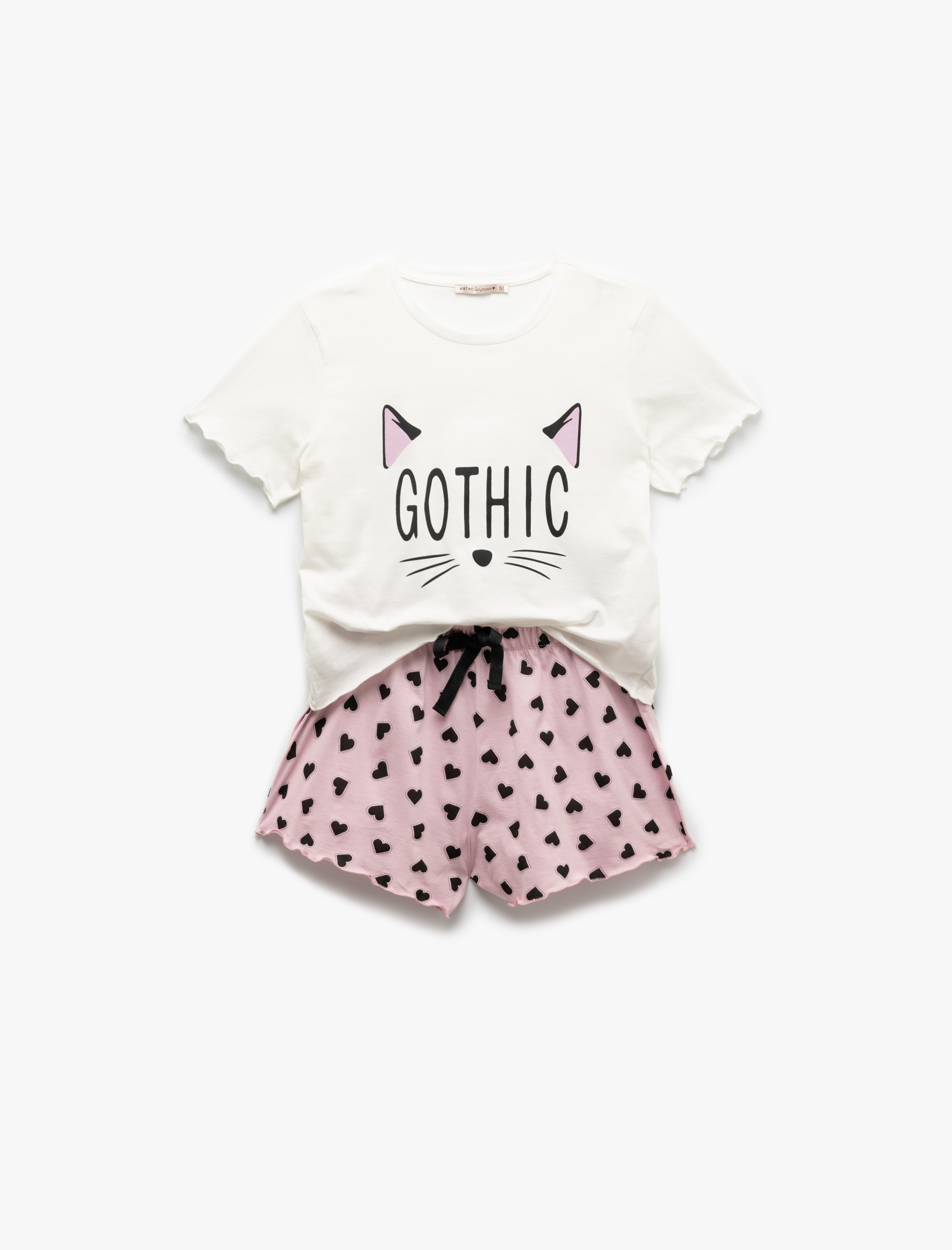   Pamuklu Kısa Kollu Kedi Temalı Kalp Baskılı Şort Pijama Takımı