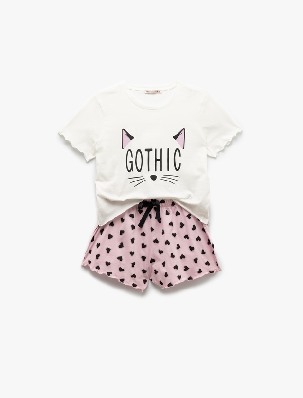 Pamuklu Kısa Kollu Kedi Temalı Kalp Baskılı Şort Pijama Takımı_2