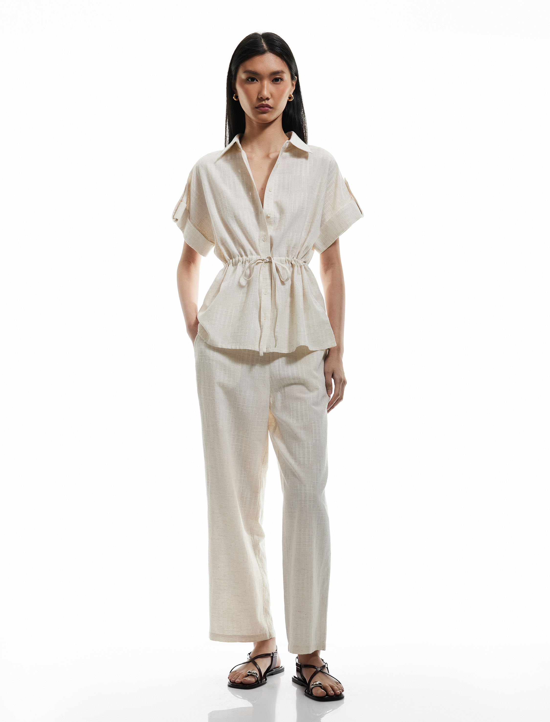   Cepli Dokulu Yüksek Bel Viskon - Keten Karışımlı Pantolon