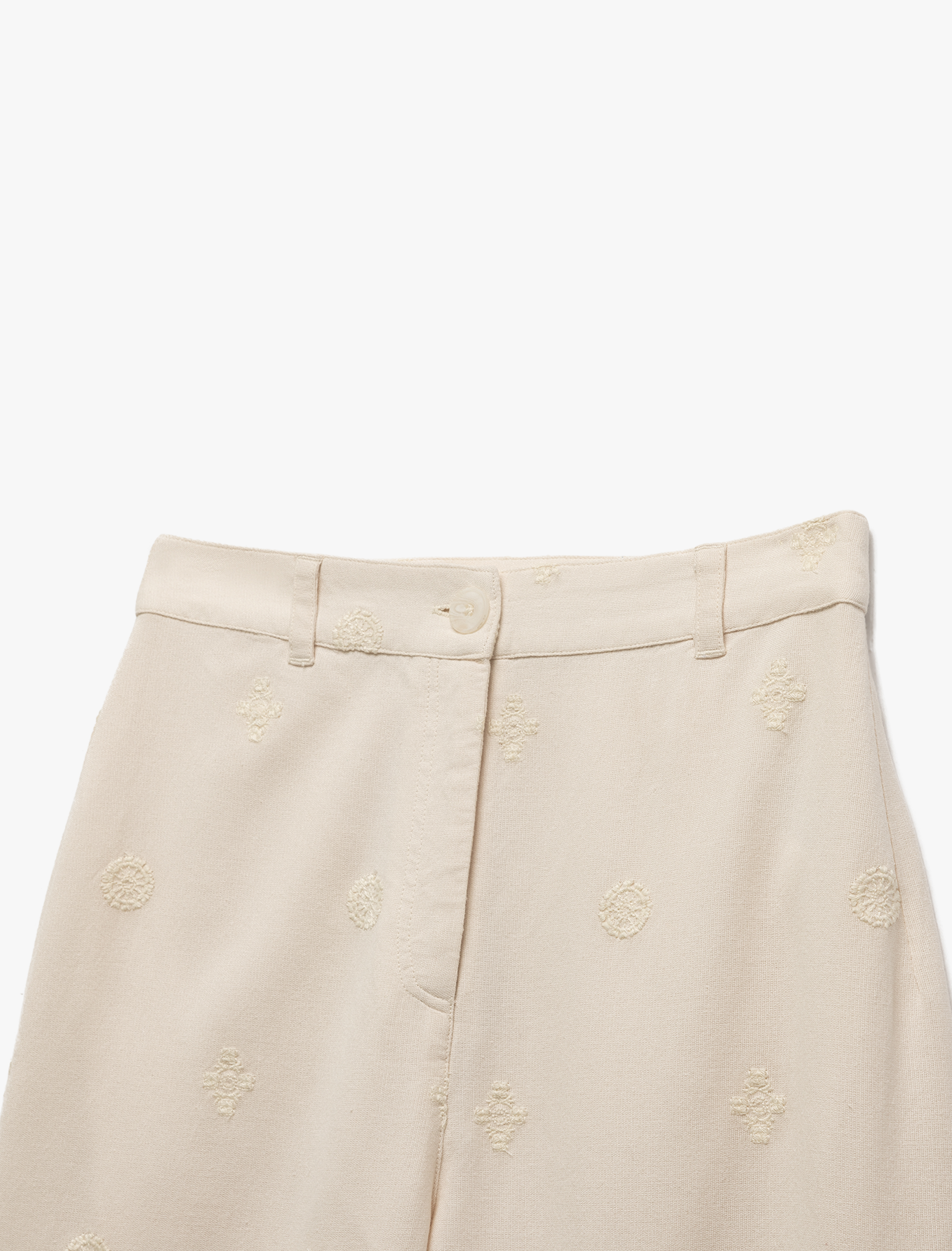   Viskon-Pamuk Karışımlı Nakışlı Yüksek Bel Düz Bol Paça Pantolon