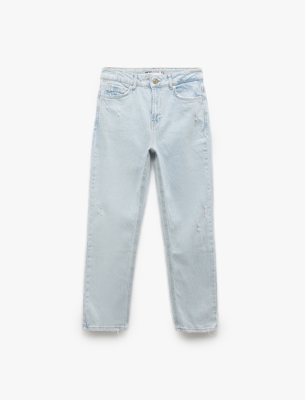 Yıpratma Detaylı Yüksek Bel Pamuklu Straight Fit Denim Pantolon - Straight Jeans_3