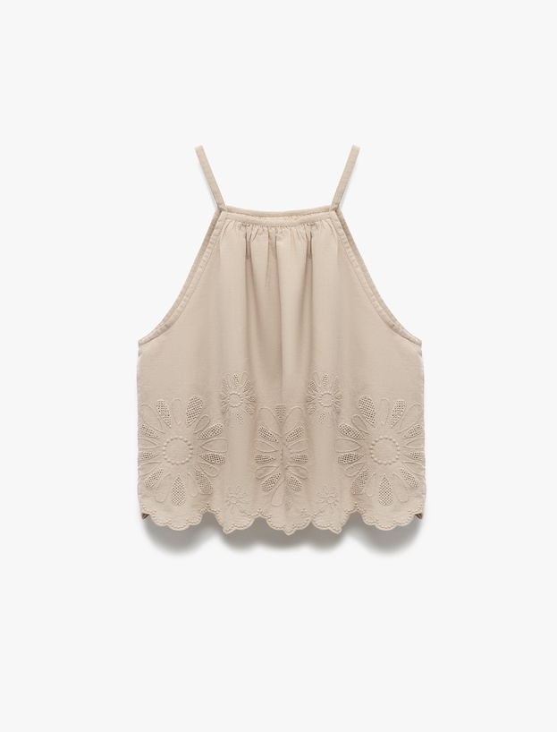 Pamuklu Floral Dokulu Fistolu Brodeli Halter Yaka Askılı Bluz_3