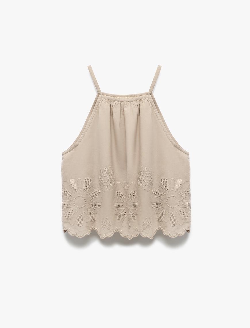   Pamuklu Floral Dokulu Fistolu Brodeli Halter Yaka Askılı Bluz