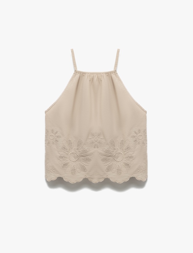 Pamuklu Floral Dokulu Fistolu Brodeli Halter Yaka Askılı Bluz_2