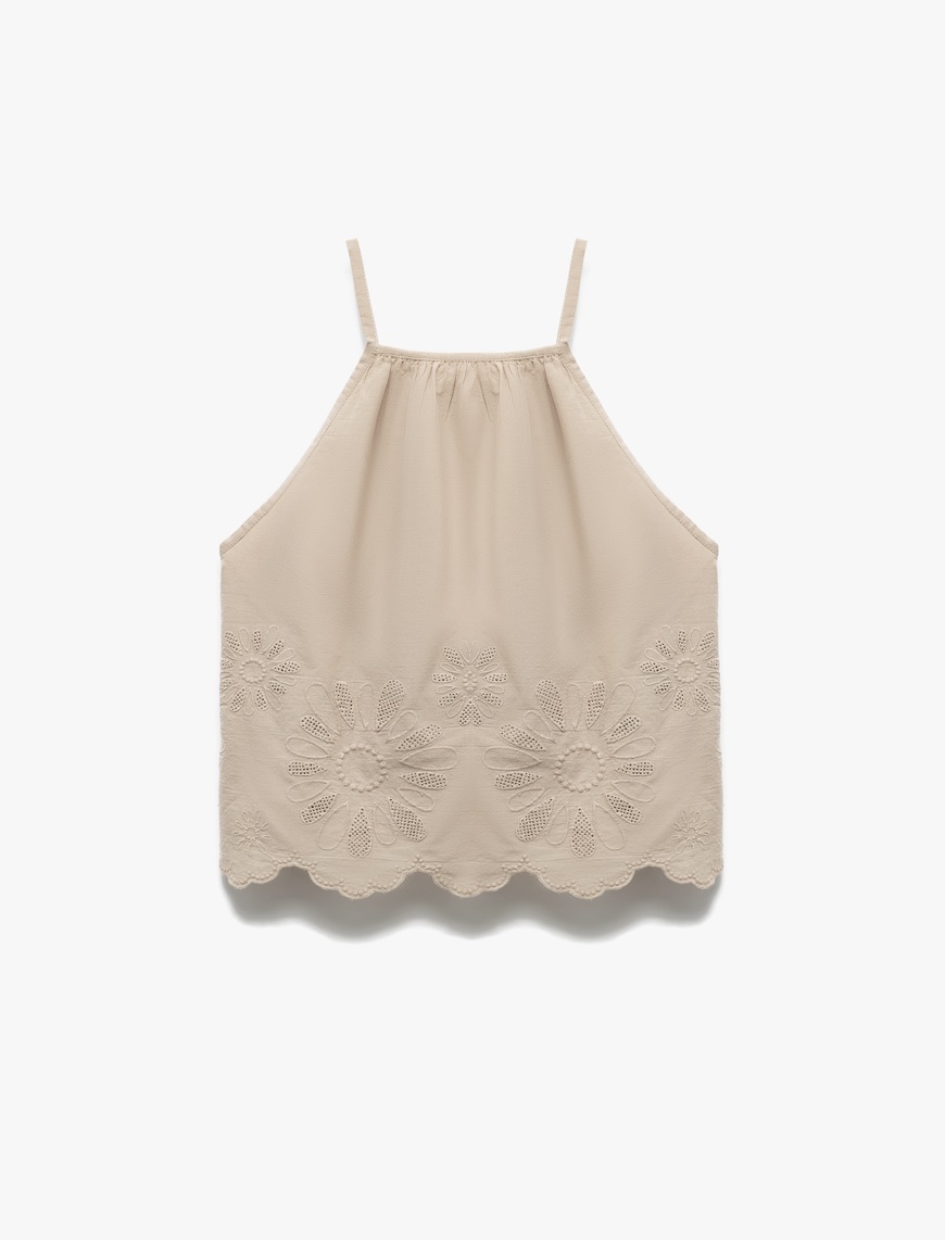   Pamuklu Floral Dokulu Fistolu Brodeli Halter Yaka Askılı Bluz