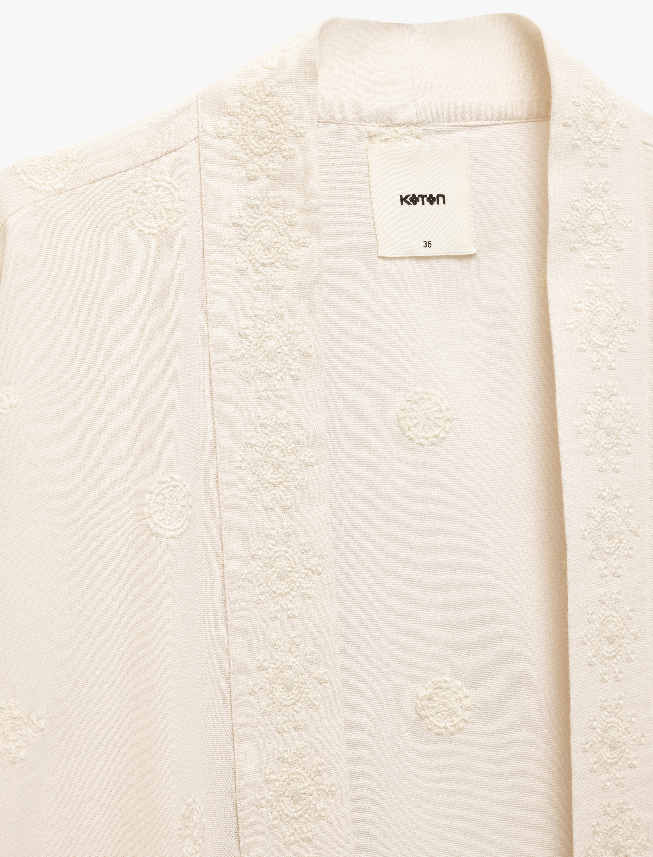   Pamuk-Viskon Karışımlı Nakış Detaylı Brodeli 3/4 Geniş Kol Uzun Kimono