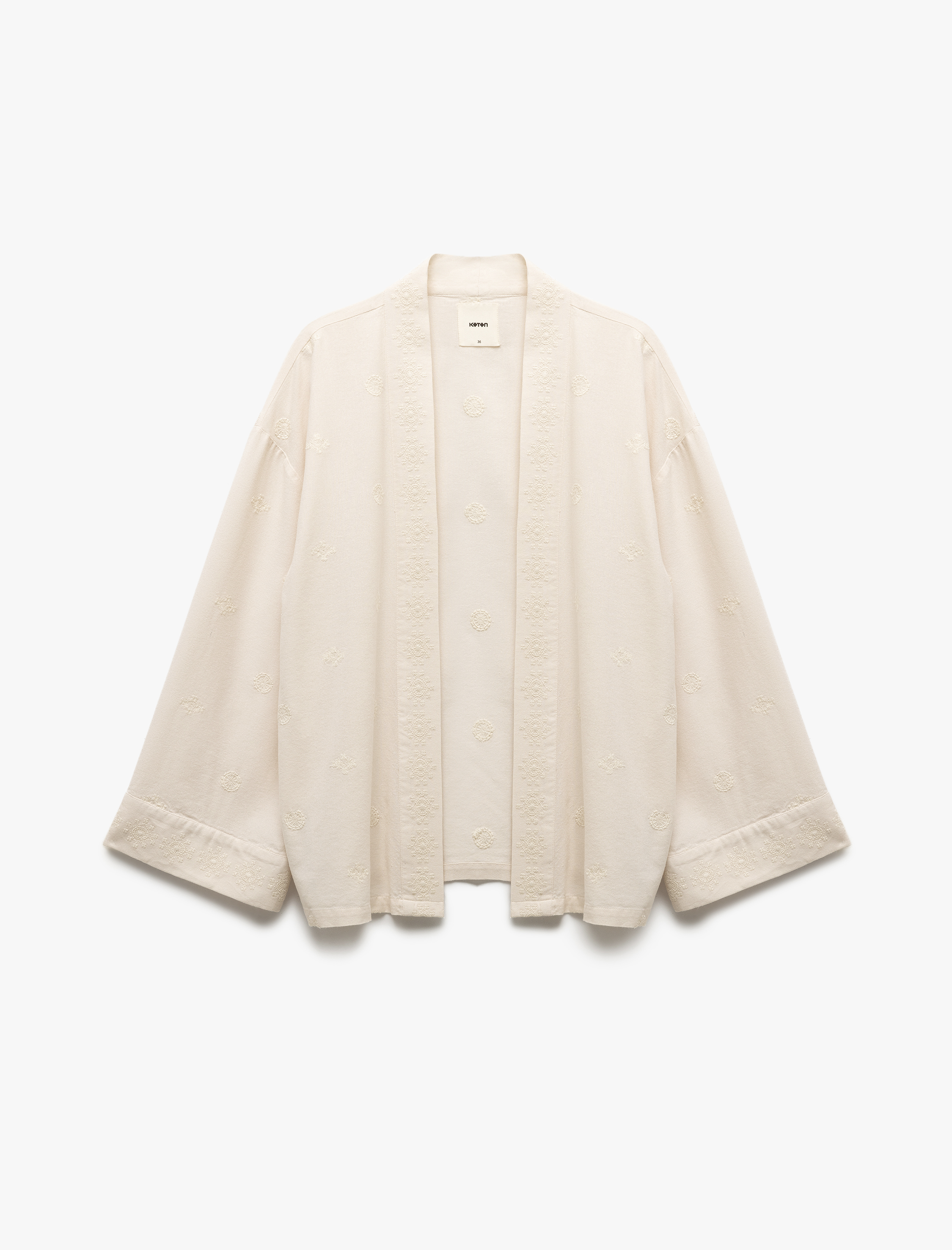   Pamuk-Viskon Karışımlı Nakış Detaylı Brodeli 3/4 Geniş Kol Uzun Kimono