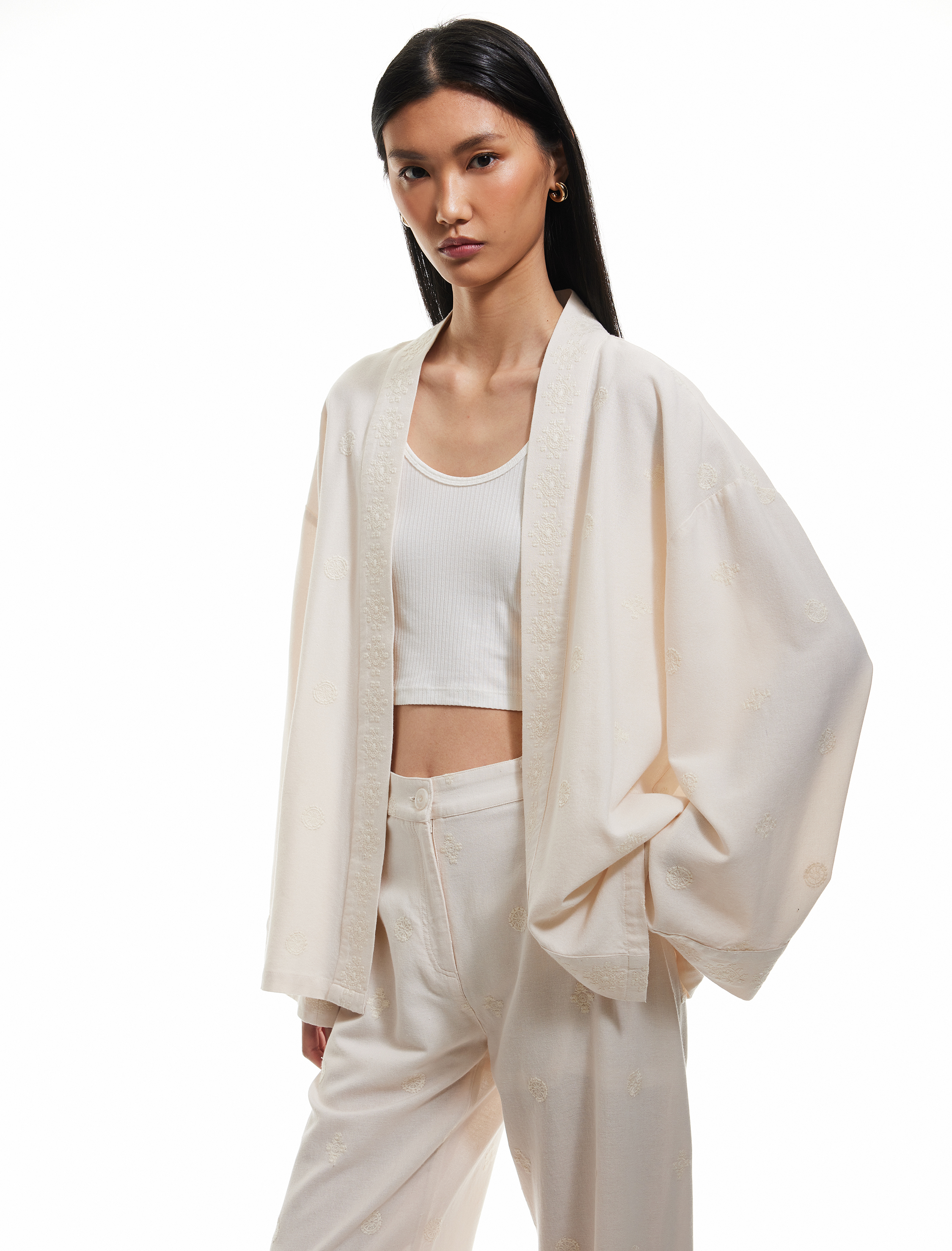   Pamuk-Viskon Karışımlı Nakış Detaylı Brodeli 3/4 Geniş Kol Uzun Kimono