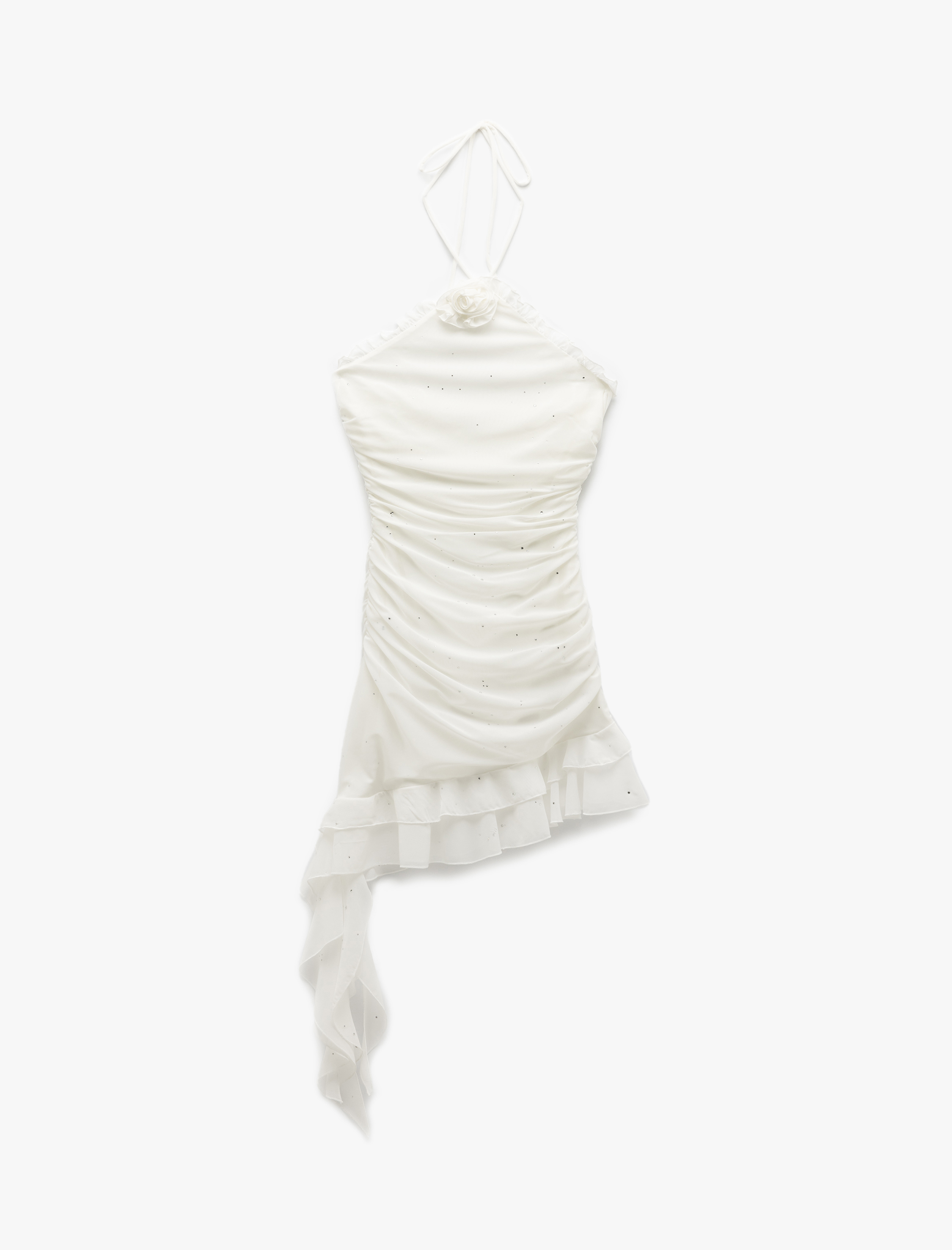 Boyundan Bağlamalı Aplike Gül Detaylı Kolsuz Drapeli Tül Mini Elbise