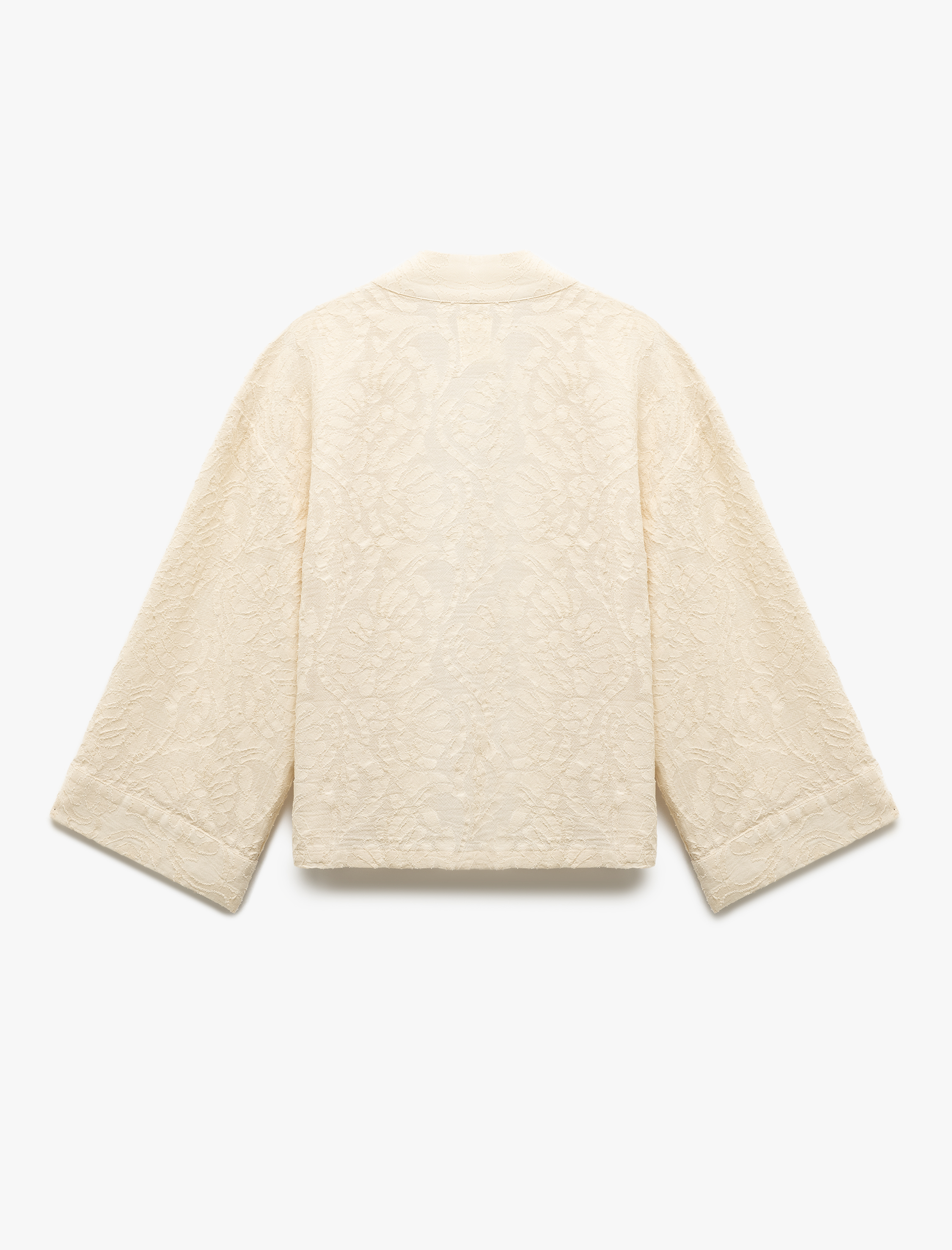 Pamuklu Uzun Geniş Kollu Floral Dokulu Nakışlı Kısa Kimono Ceket