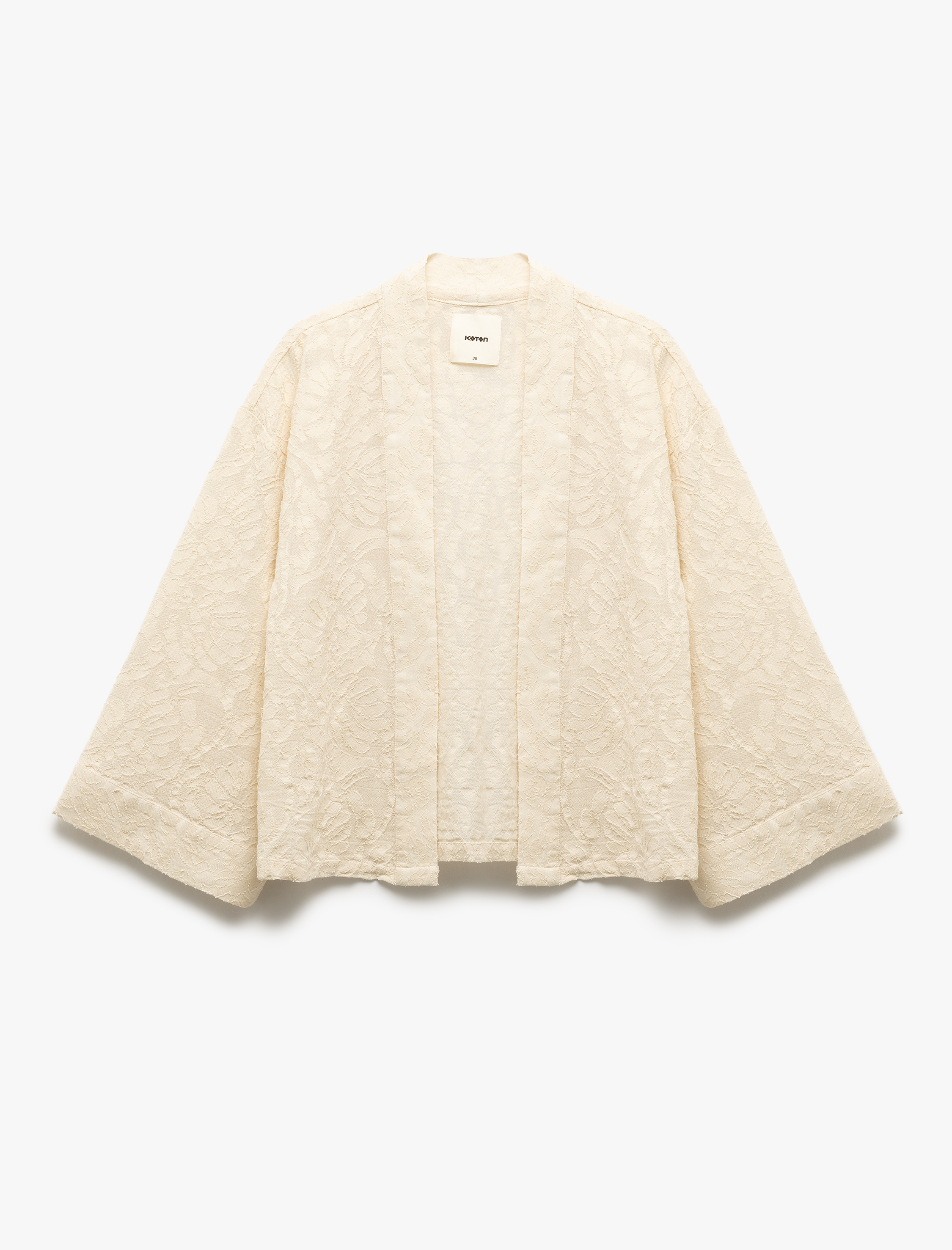 Pamuklu Uzun Geniş Kollu Floral Dokulu Nakışlı Kısa Kimono Ceket