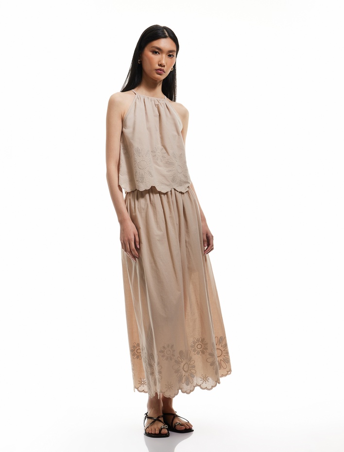  Astarlı Pamuklu Fistolu Brodeli Kloş Uzun Etek