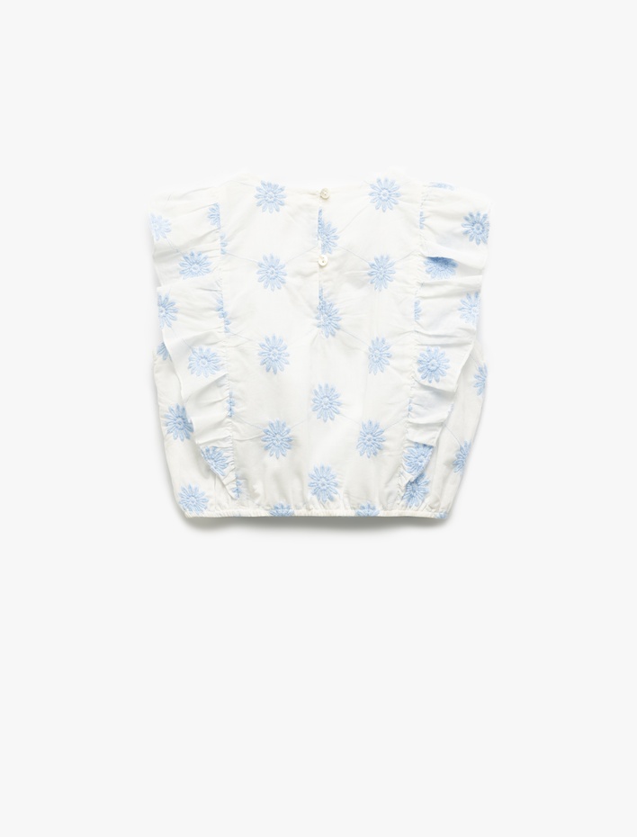 Kız Çocuk Pamuklu Bisiklet Yaka Kolsuz Çiçek Nakışlı Kolsuz Crop Bluz