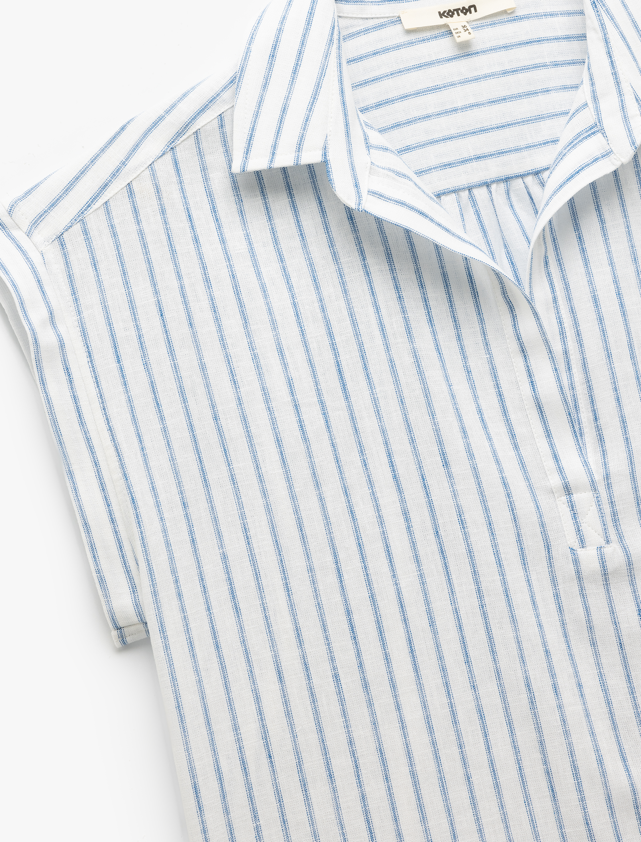   Viskon Keten Karışımlı Gömlek Yaka Kolsuz Crop Bluz