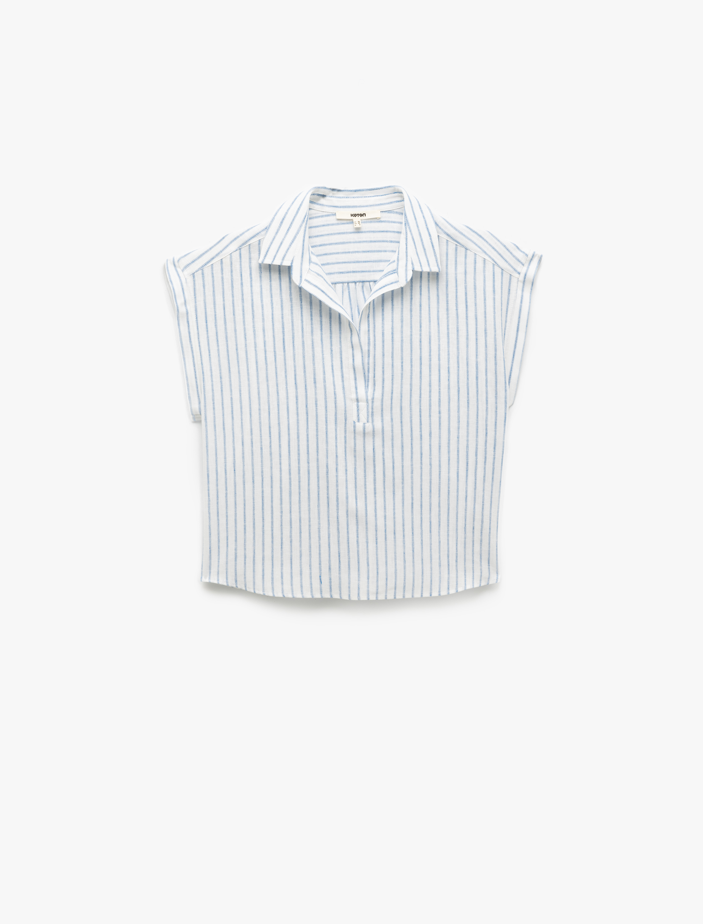   Viskon Keten Karışımlı Gömlek Yaka Kolsuz Crop Bluz