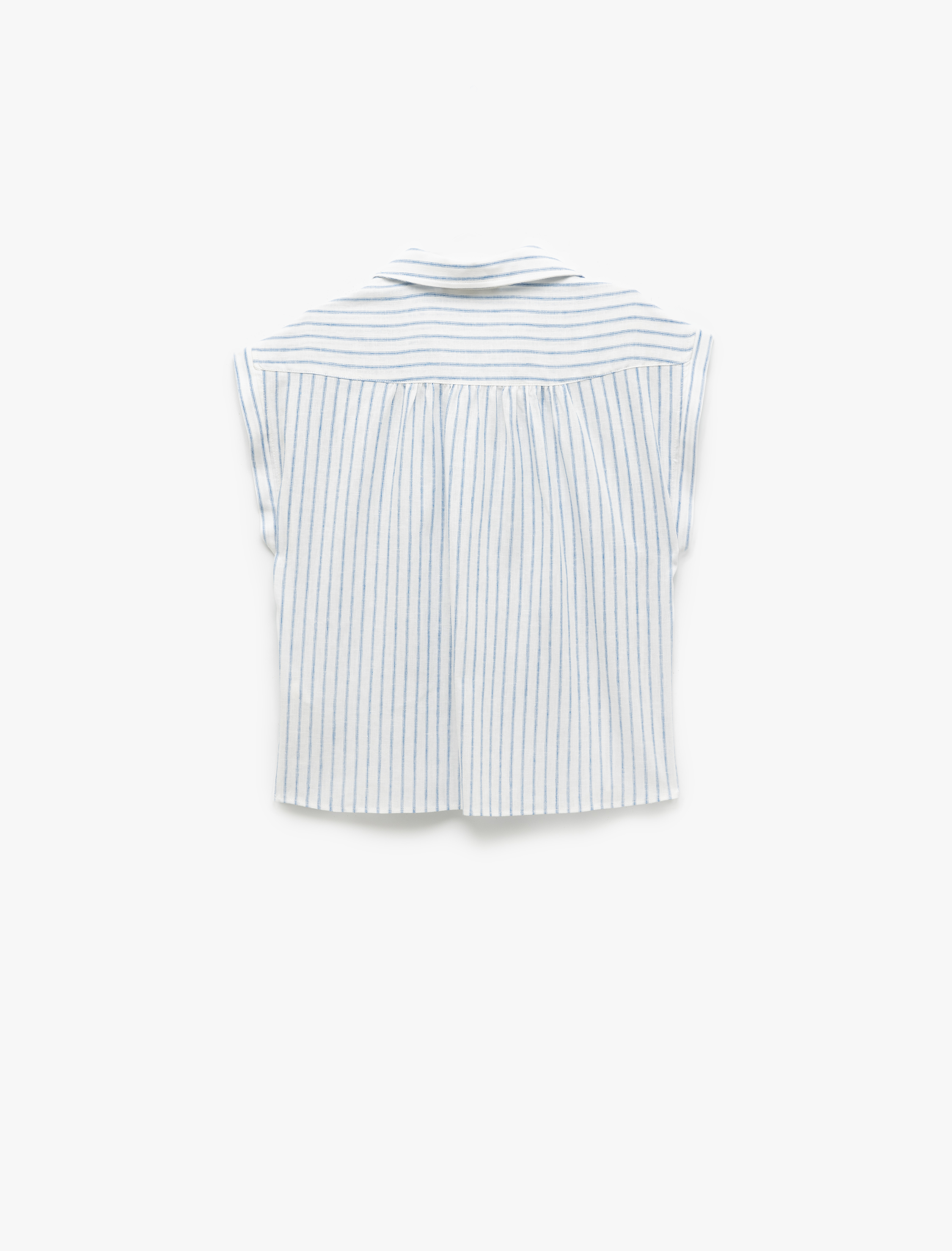   Viskon Keten Karışımlı Gömlek Yaka Kolsuz Crop Bluz