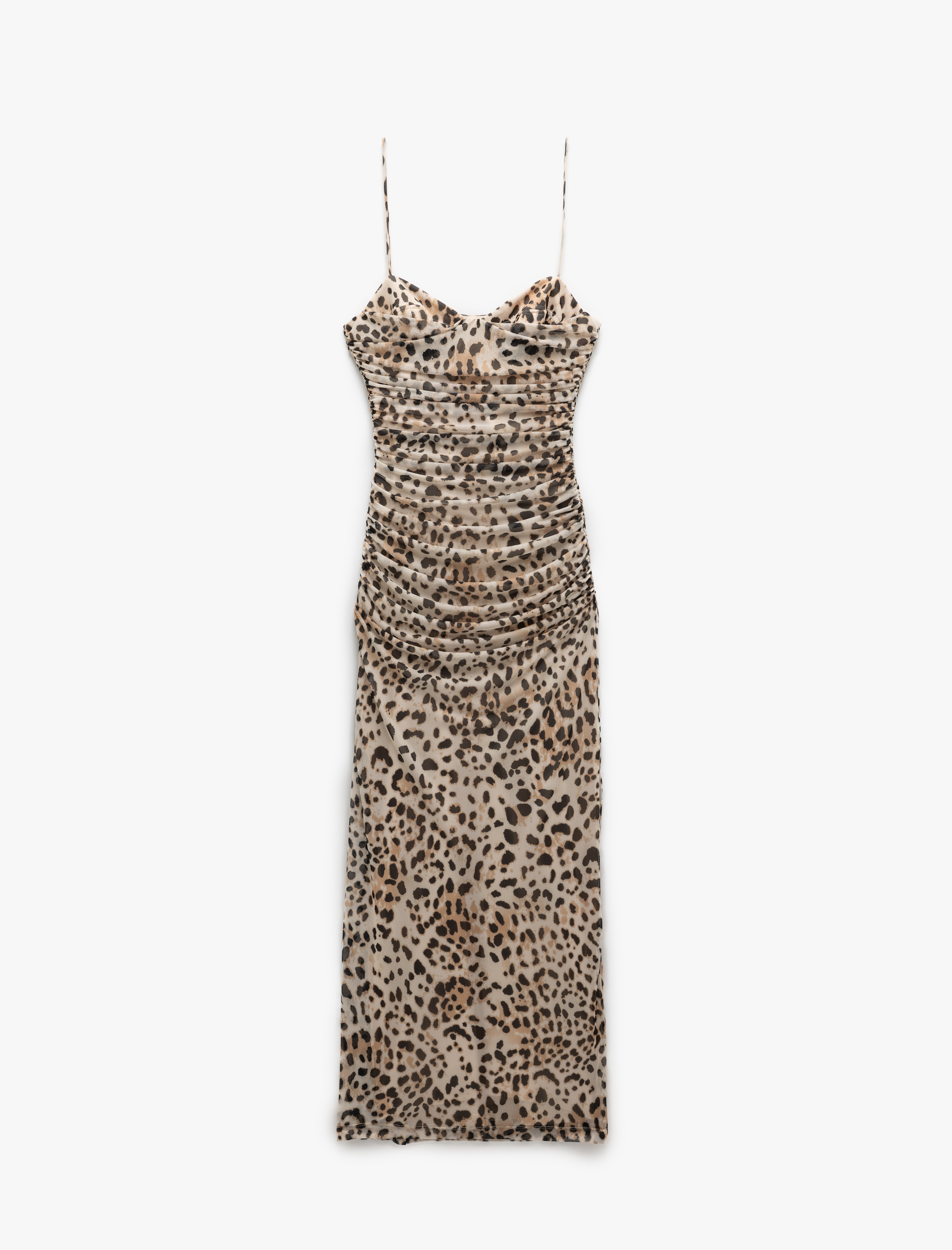   Degaje Yaka Askılı Uzun Slip Drapeli Leopar Elbise