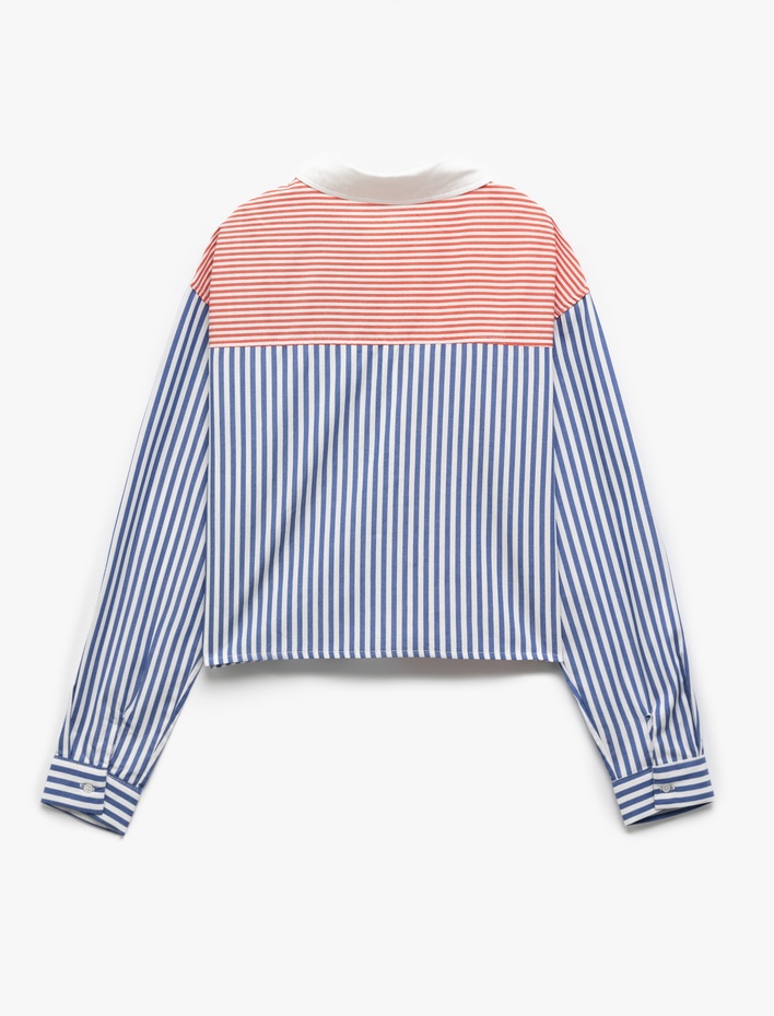 Kız Çocuk Uzun Kollu Renk Bloklu Pamuklu Çizgili Crop Gömlek