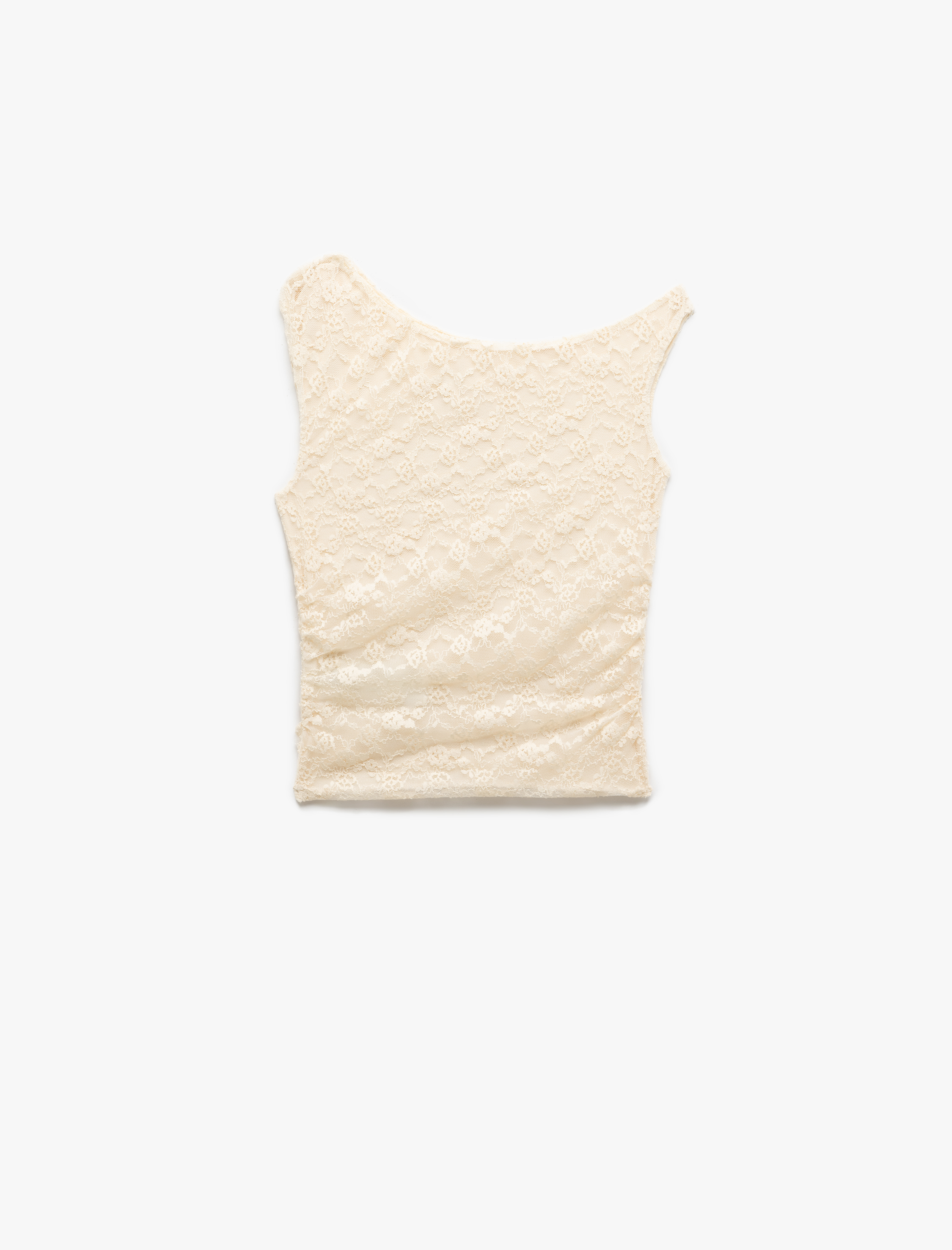 Slim Fit Drape Detaylı Asimetrik Yaka Kolsuz Dantel Bluz