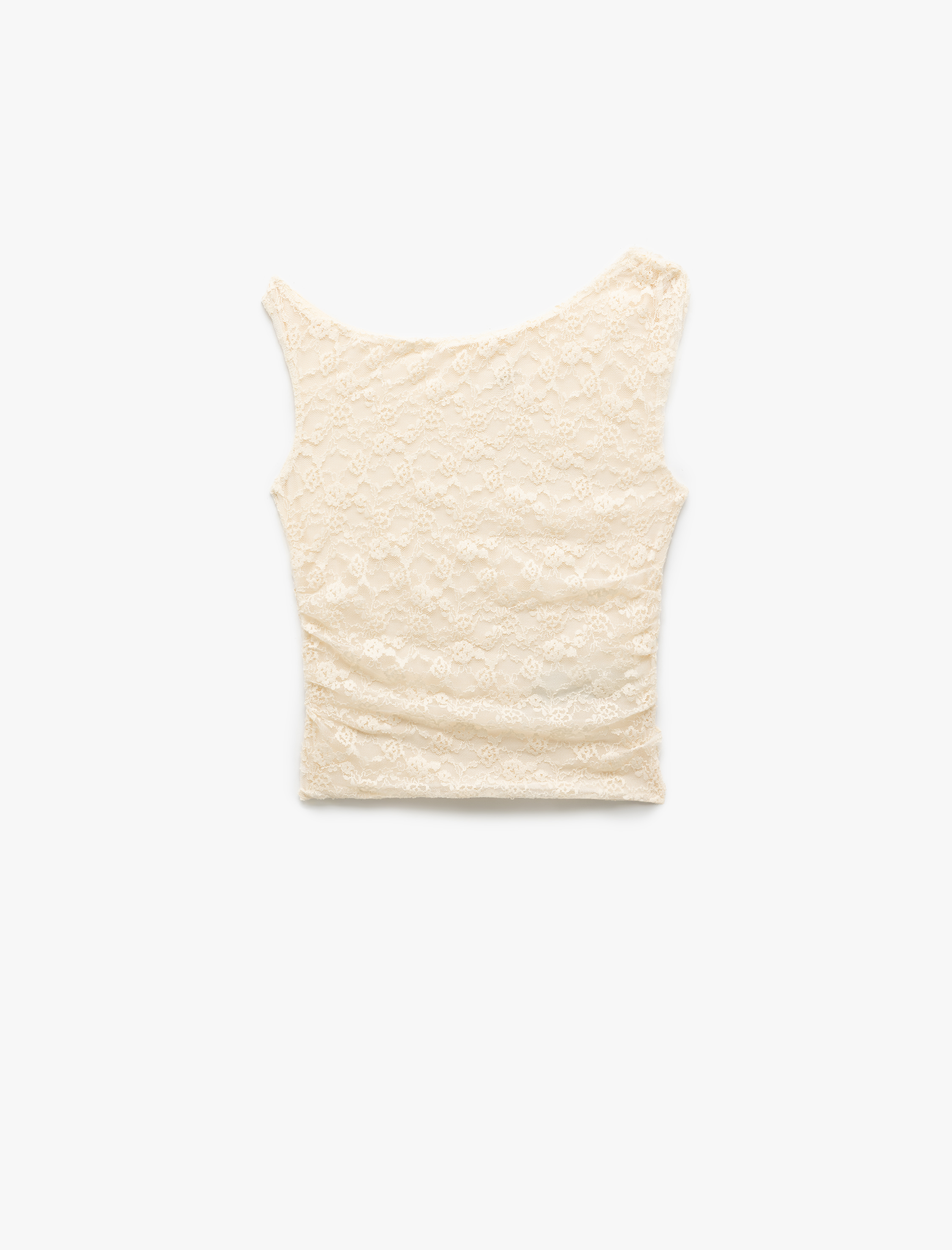 Slim Fit Drape Detaylı Asimetrik Yaka Kolsuz Dantel Bluz