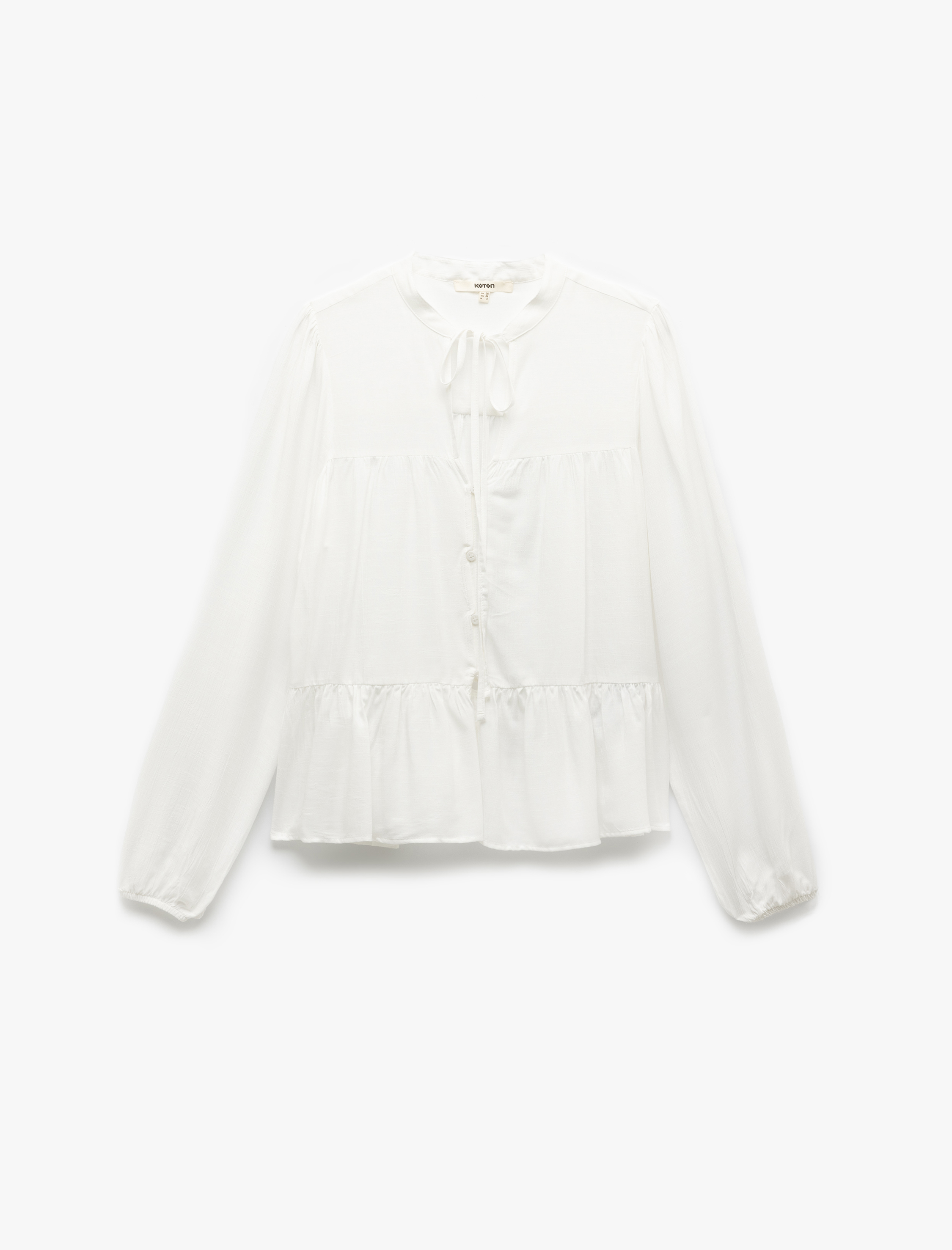   Viskon Bağlama Detaylı Mandarin Yaka Uzun Kollu Düğmeli Bluz