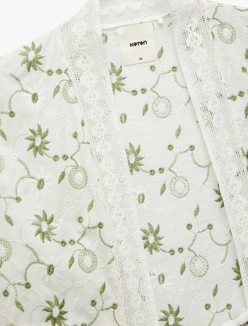   Pamuklu Floral İşlemeli Fisto Kruvaze Oversize Kimono Ceket