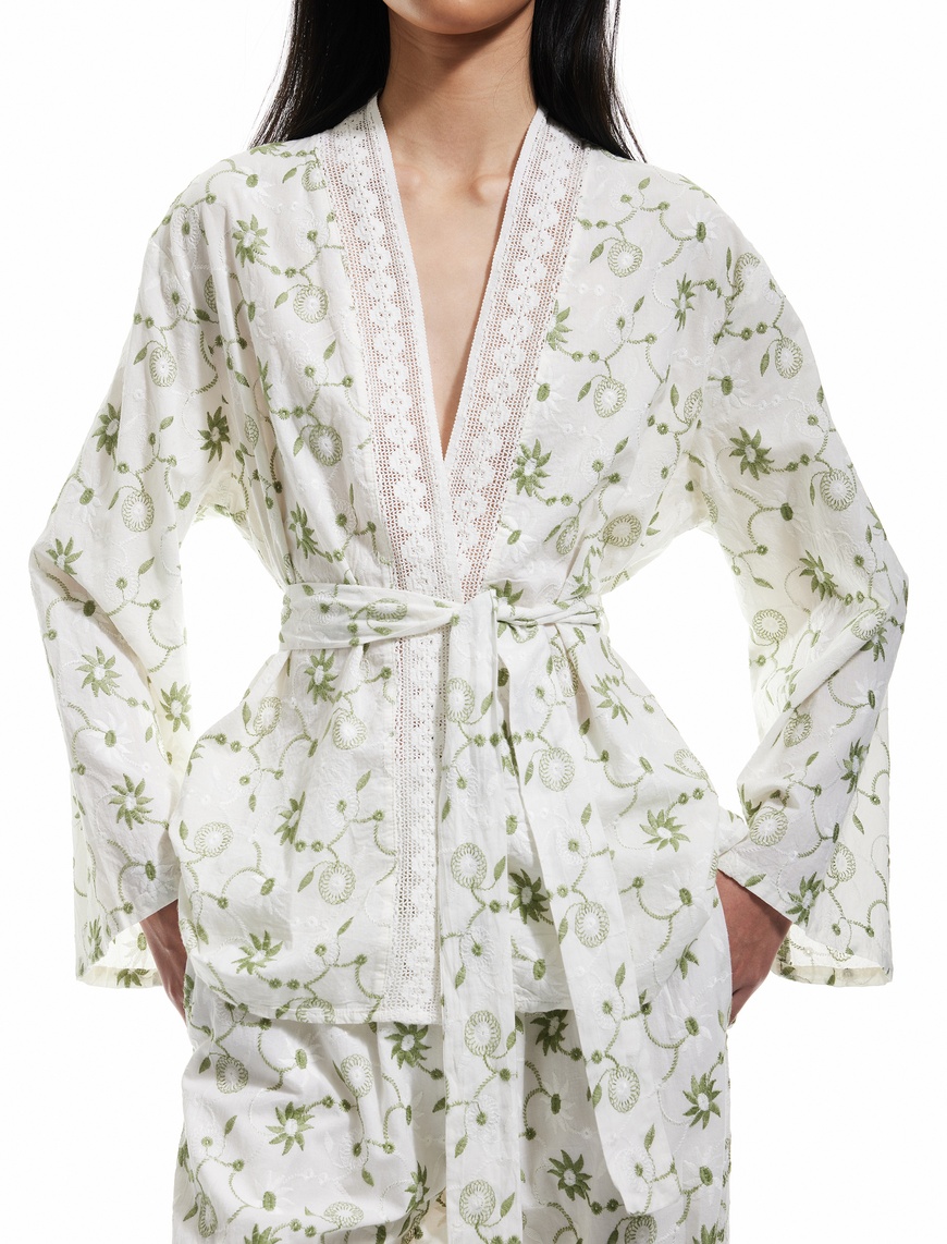   Pamuklu Floral İşlemeli Fisto Kruvaze Oversize Kimono Ceket