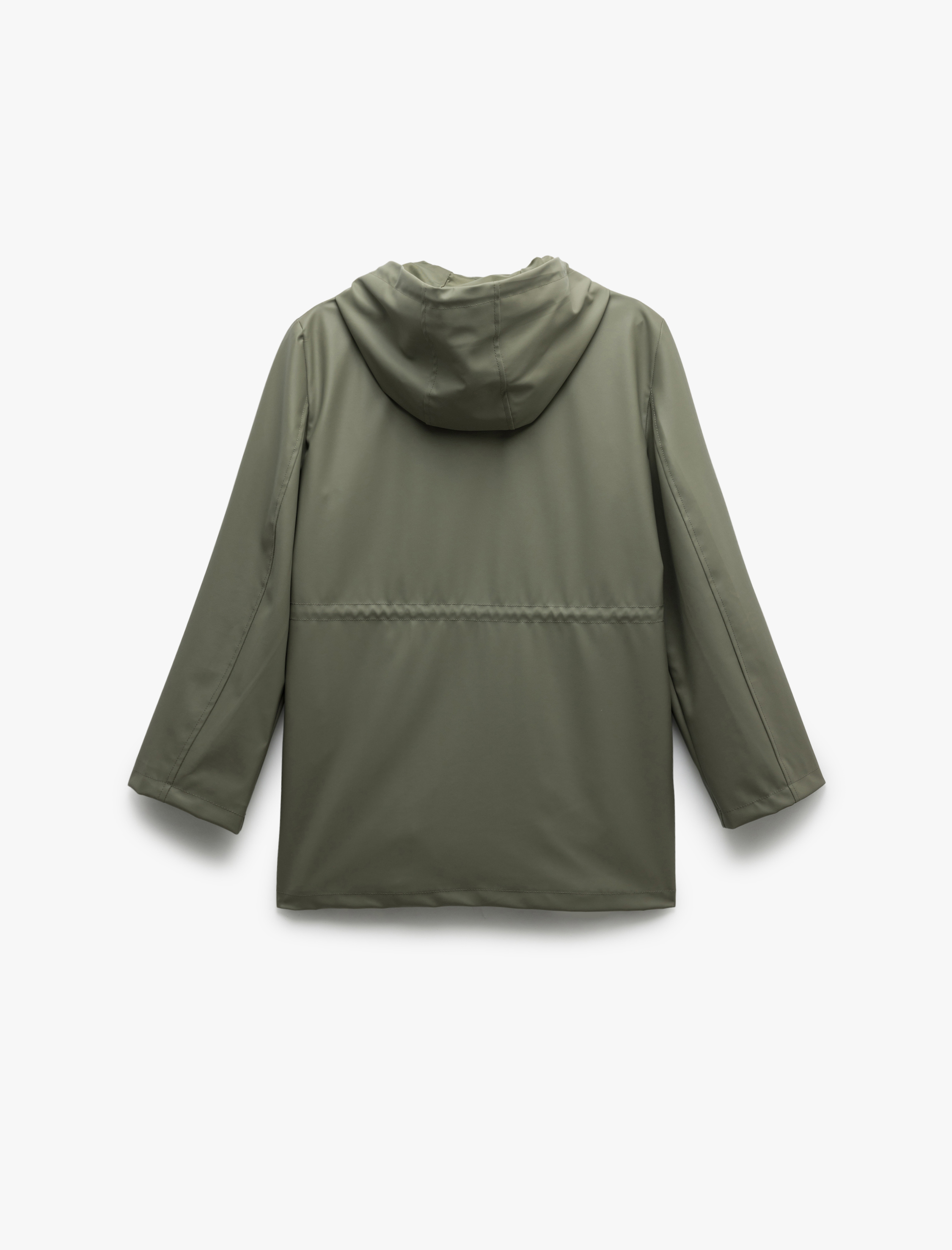   Bağlama Detaylı Fermuarlı Cepli Kapüşonlu Suni Deri Yağmurluk