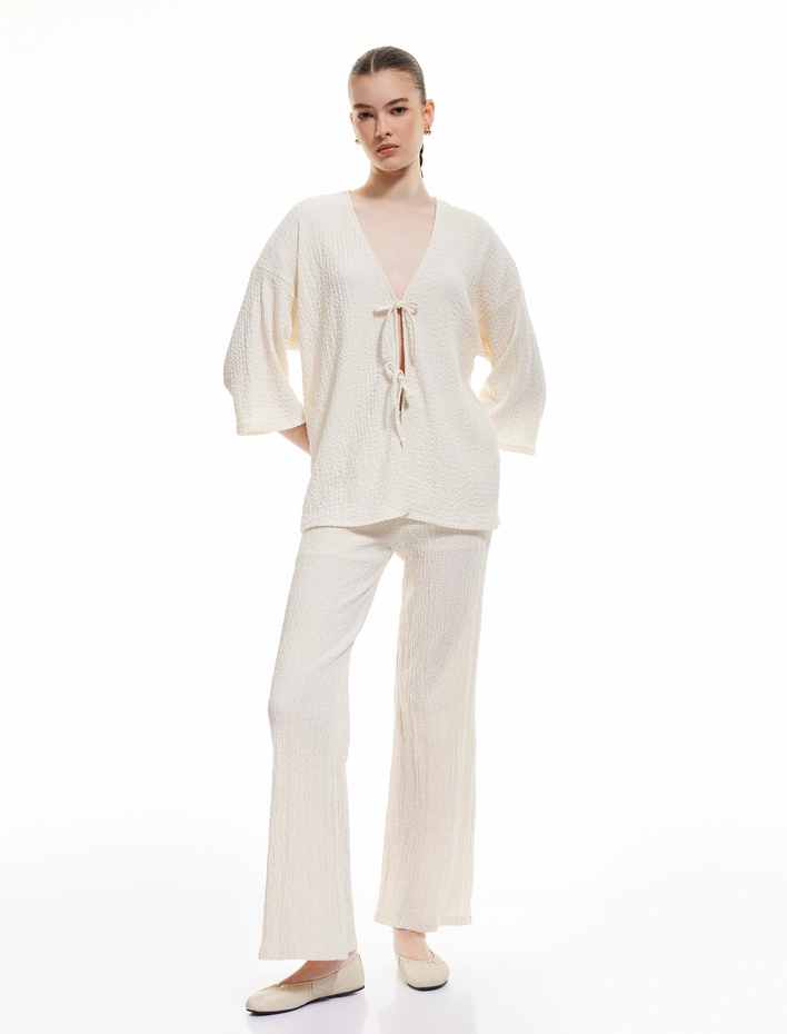  Fiyonk Bağlama Detaylı Uzun Kollu Dokulu Uzun Hırka