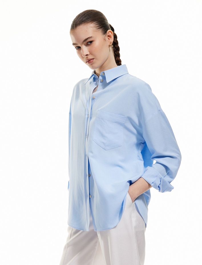  Cepli Viskon Keten Karışımlı Uzun Kollu Gömlek