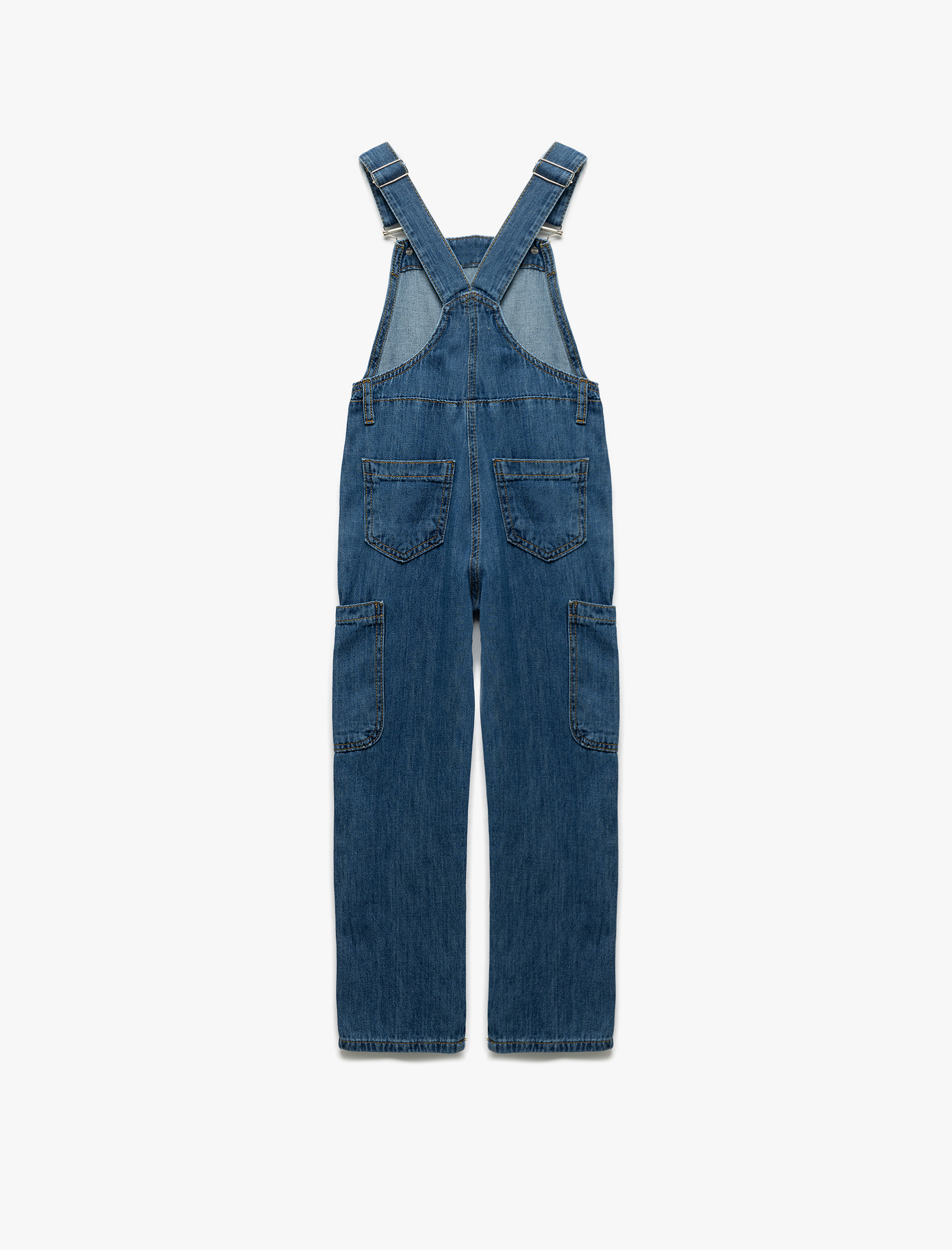 Kız Çocuk Pamuklu Kare Yaka Ayarlanabilir Askılı Uzun Denim Salopet Tulum