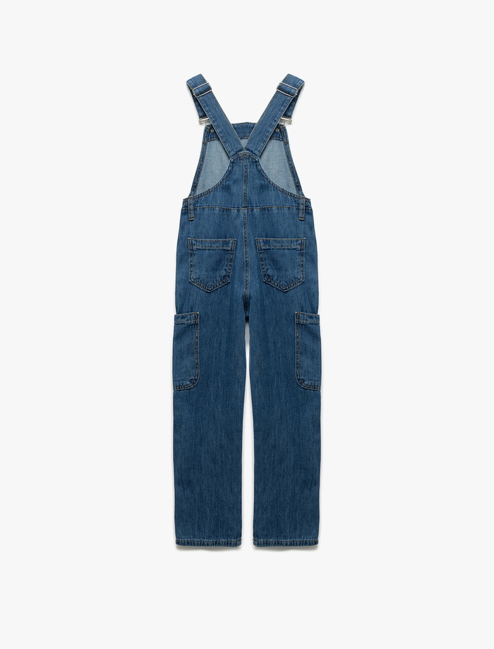 Kız Çocuk Pamuklu Kare Yaka Ayarlanabilir Askılı Uzun Denim Salopet Tulum
