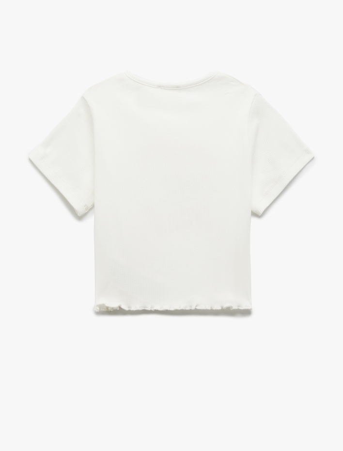 Kız Çocuk Pamuklu Bisiklet Yaka Kısa Kollu Baskılı Crop Tişört