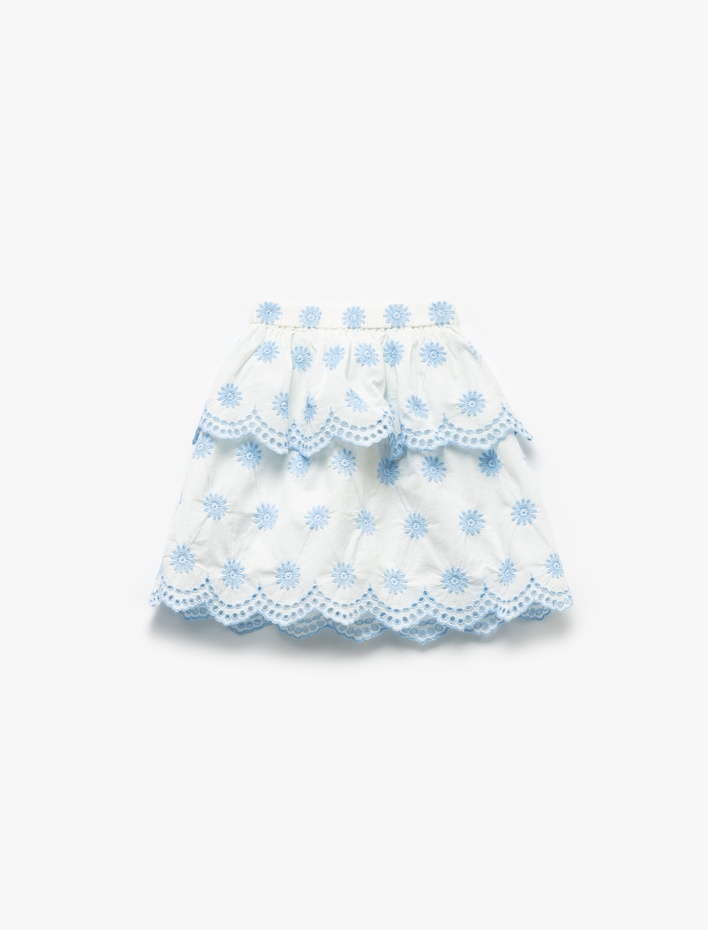 Kız Çocuk Beli Lastikli Çiçek İşlemeli Katlı Pamuklu Etek