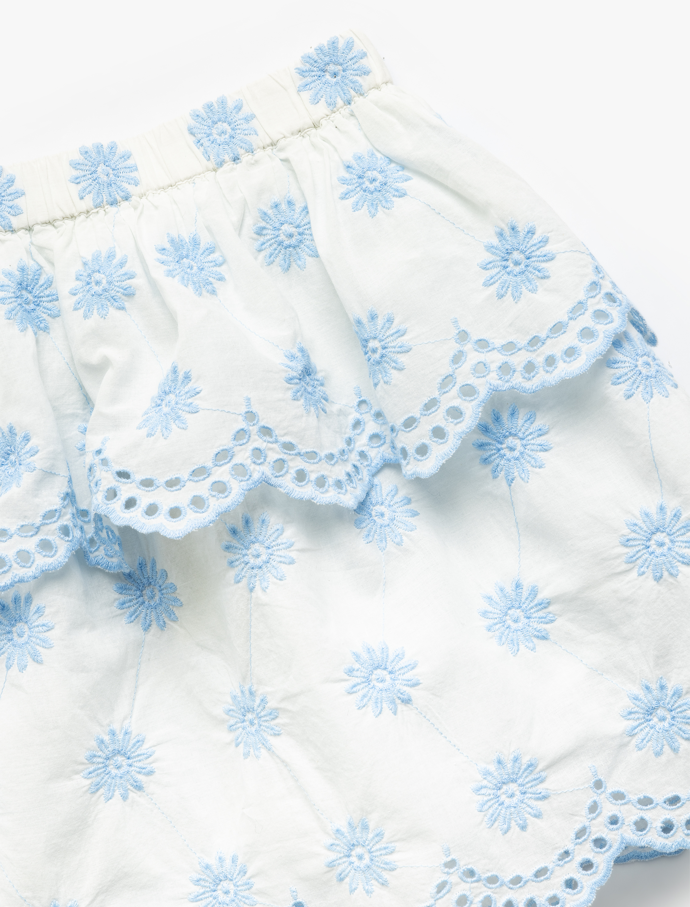 Kız Çocuk Beli Lastikli Çiçek İşlemeli Katlı Pamuklu Etek